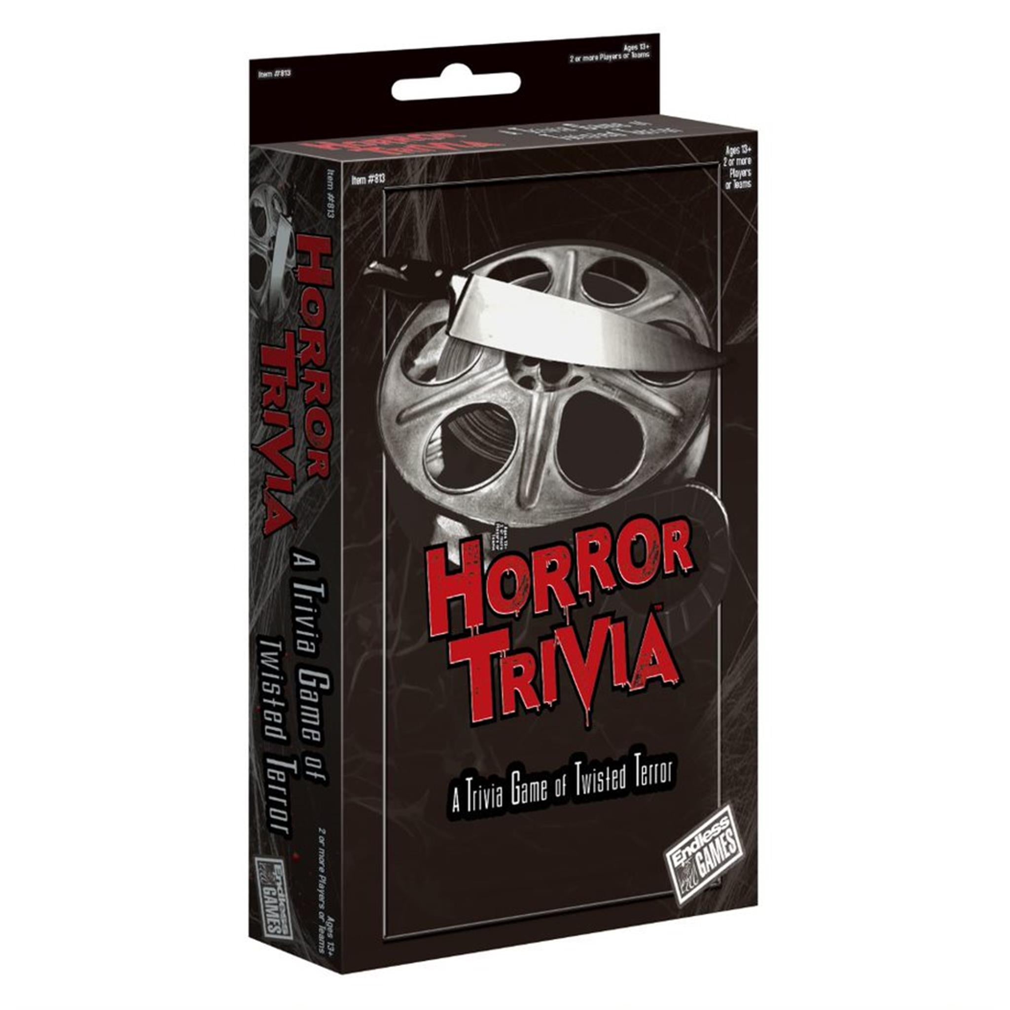 Packaging for 'Horror Trivia' card game featuring a black box with the game's name and an image of a tape reel in the center.