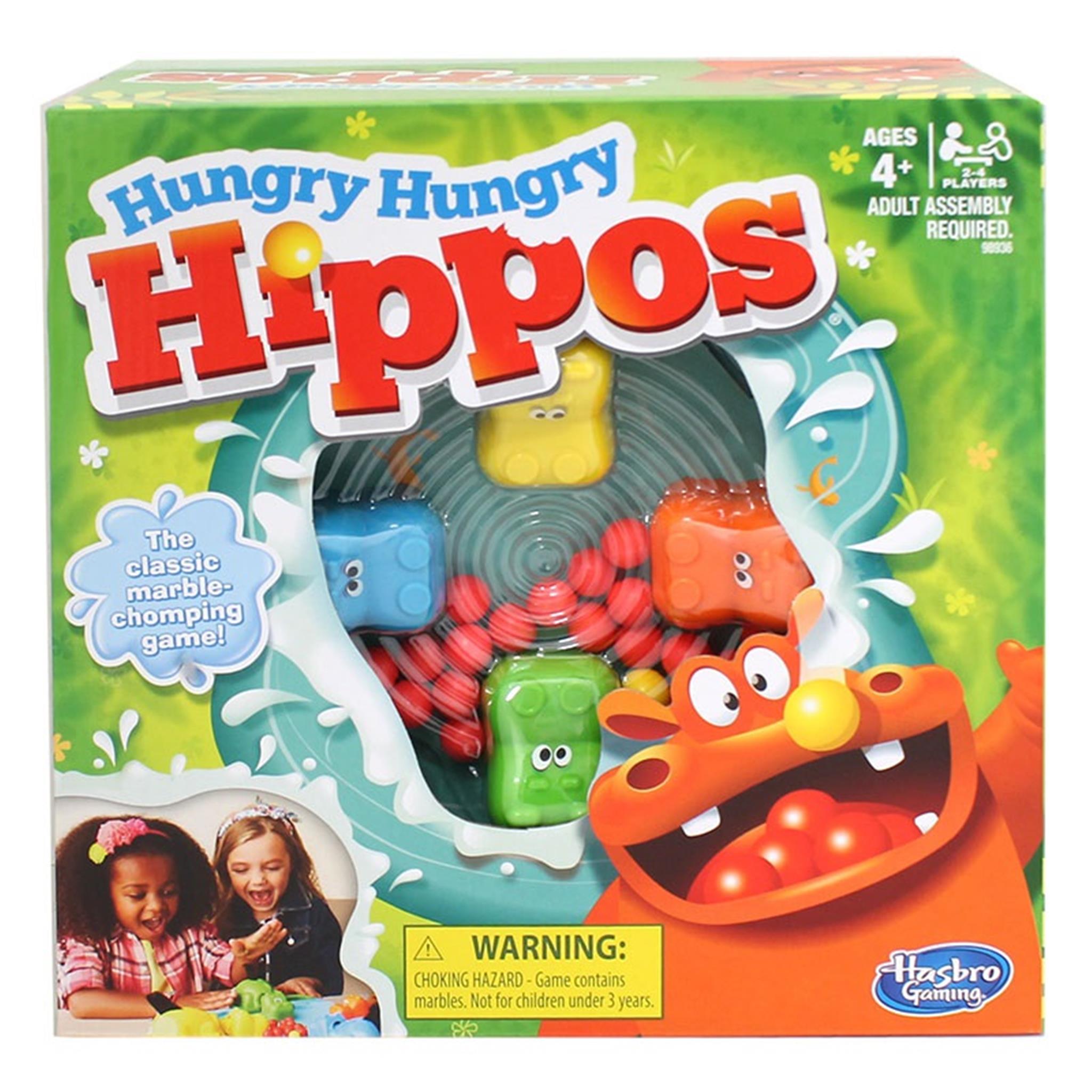 Box of the 'Hungry Hungry Hippos' board game featuring the game's colorful hippos and marbles, with children playing the game illustrated on the cover.