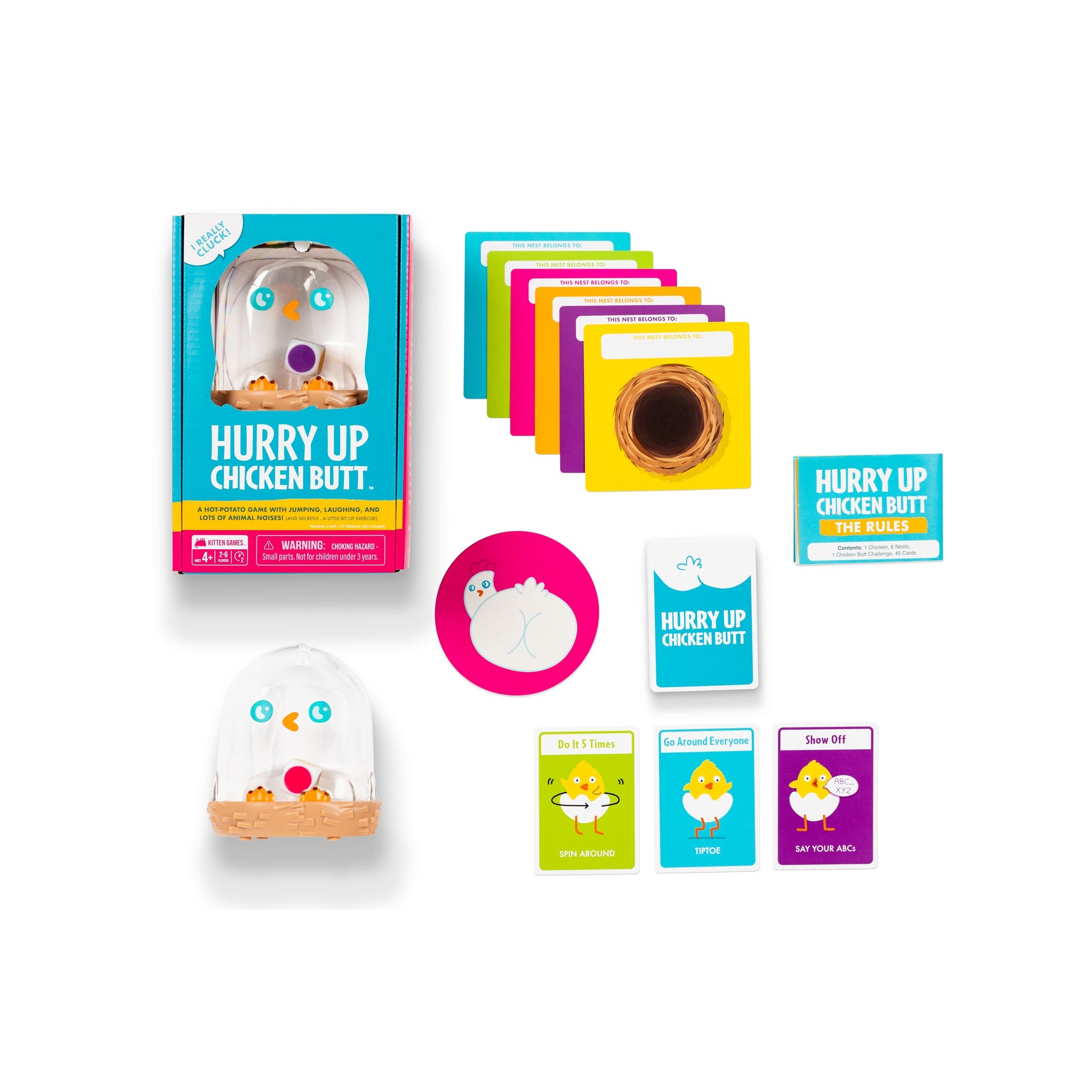 Product and contents on a white background. Game pieces, cards and rule pamphlet