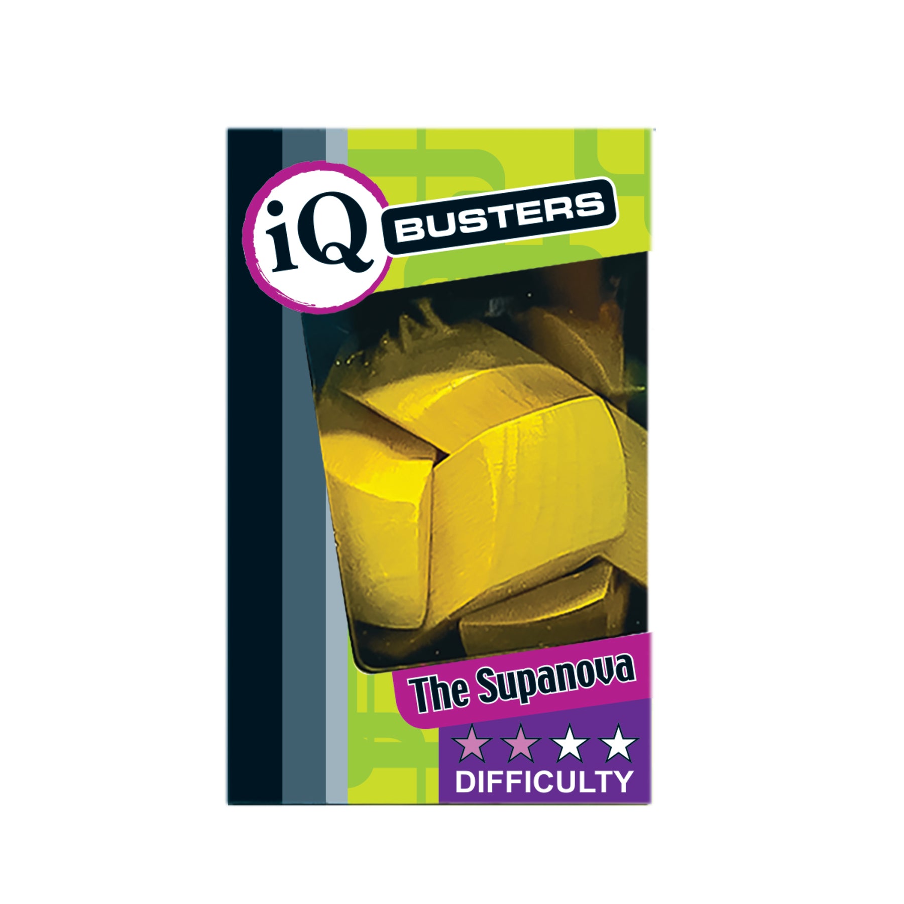Packaging for one of the IQ Busters brain teaser puzzle called 'The Supanova' with a yellow and black color scheme and 2 star difficulty rating 