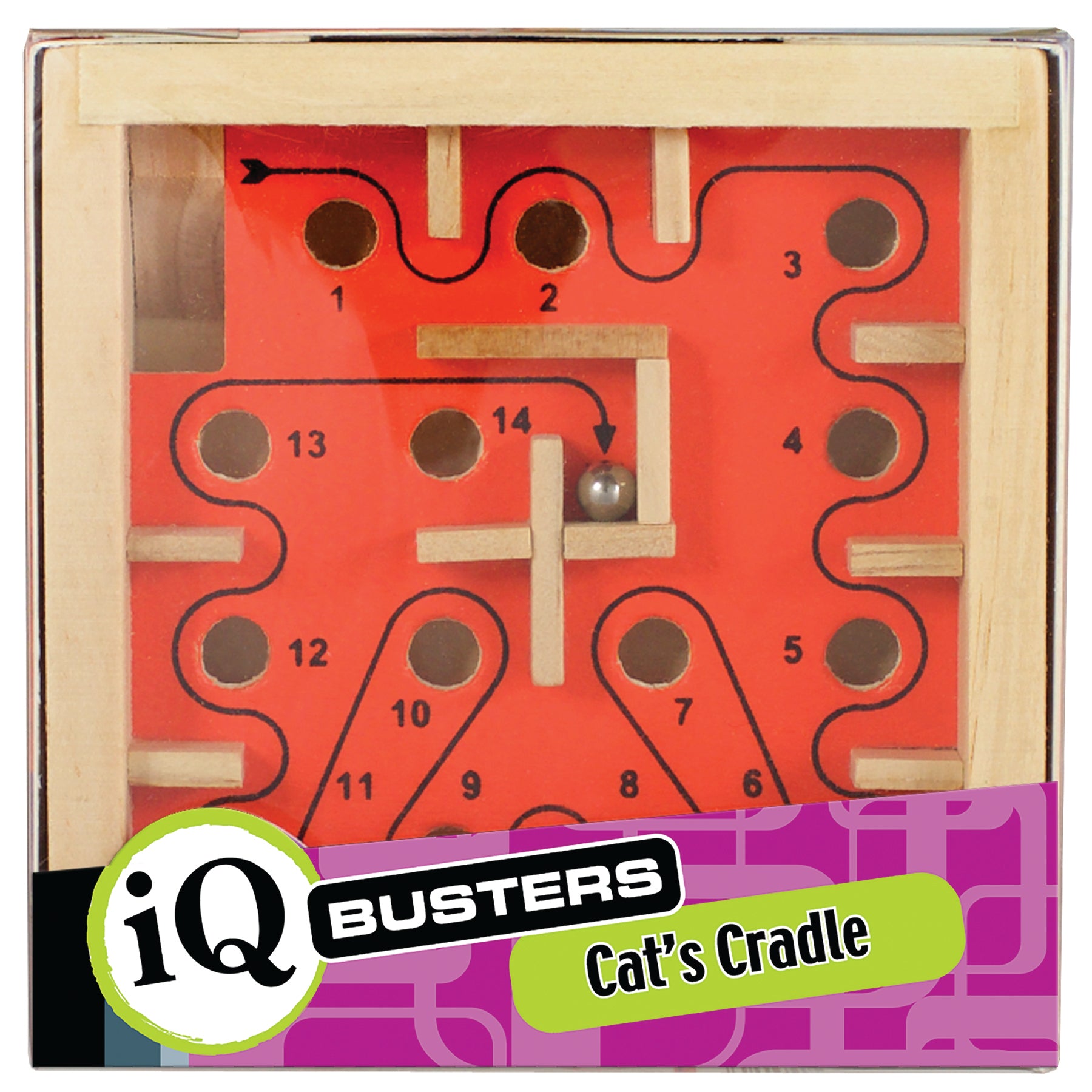 An IQ Busters Labyrinth game, known as 'Cat's Cradle,' featuring a wooden board with red and black elements and numbered holes through which a metal ball can roll.