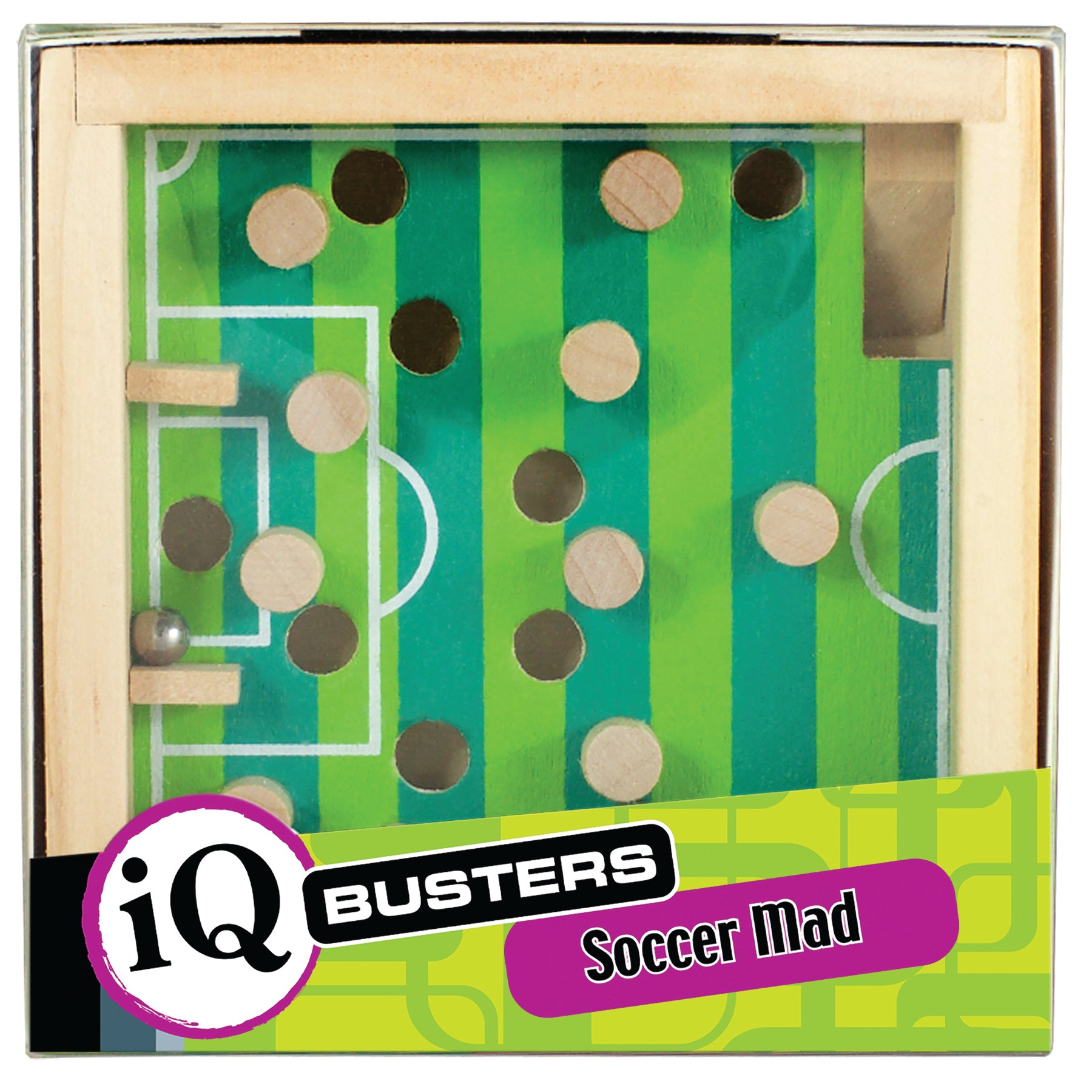 An IQ Busters Labyrinth game, known as 'Soccer Mad,' featuring a wooden board with two toned green soccer field setting with holes blocked by wood posts for the metal ball to roll through.