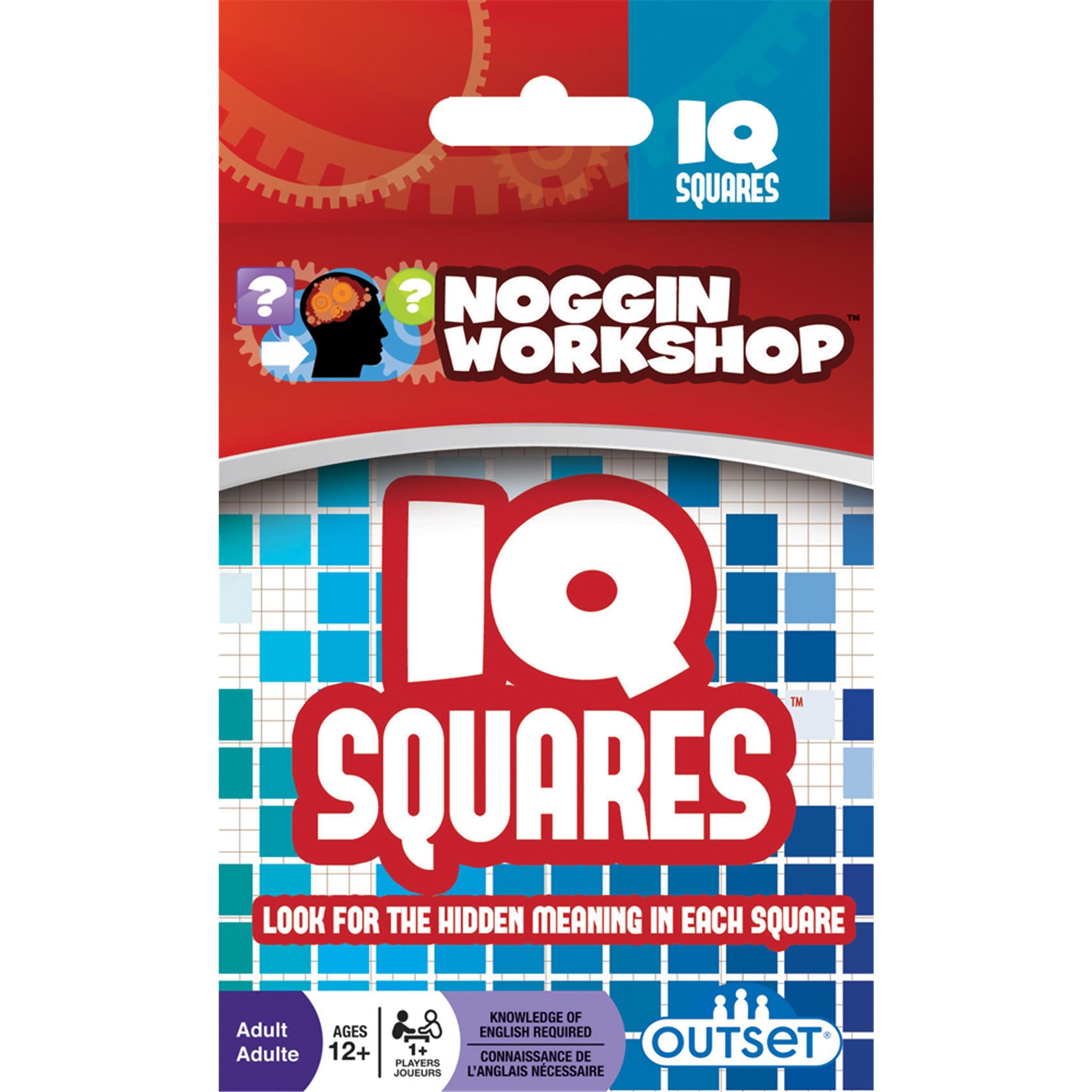 Packaging for IQ Squares Noggin Workshop card game featuring the product name and an illustration of square-shaped cards with a brain graphic, indicating a mental skill game.