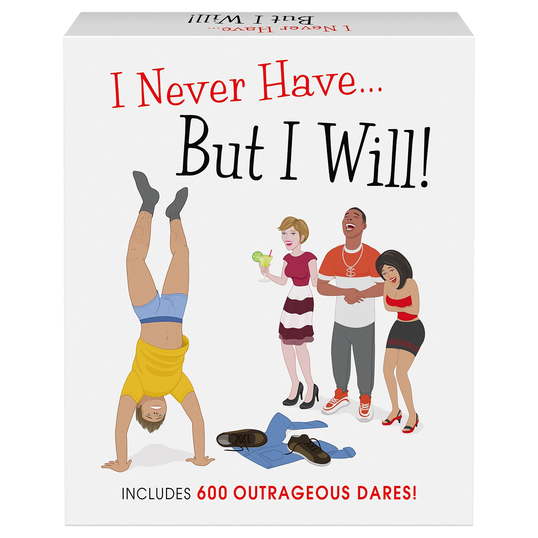 The image displays the packaging of the party game 'I Never Have.