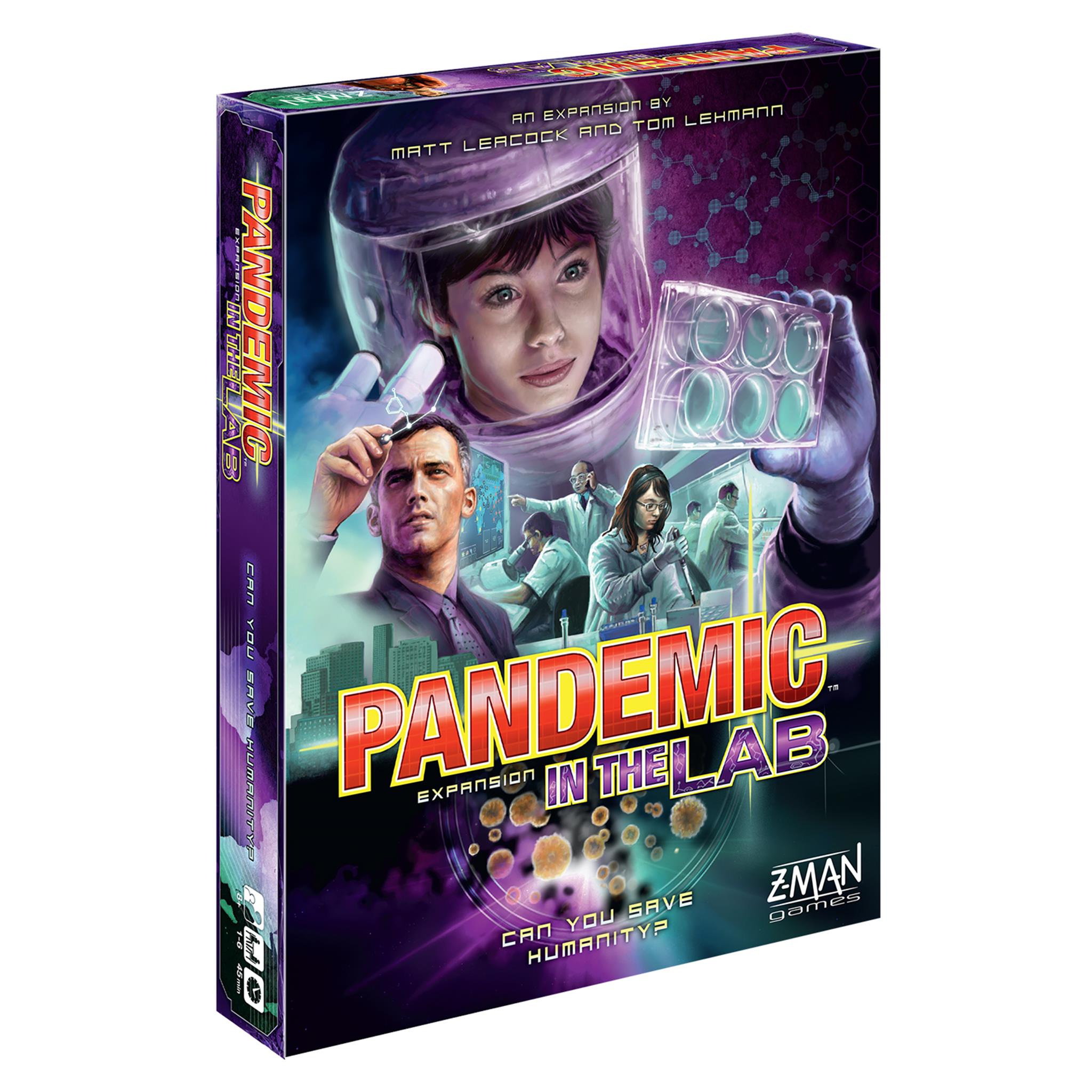 Board game box cover for 'Pandemic: In The Lab' featuring artwork of characters in laboratory and space suits, indicating a scientific theme.