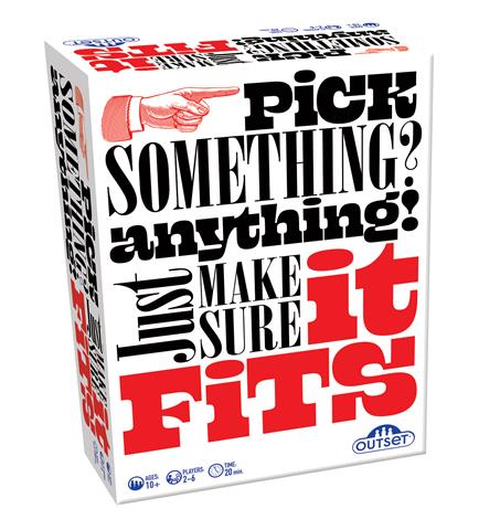 A board game box for 'It Fits' with bold text and graphic design, indicating it's a game about making connections.
