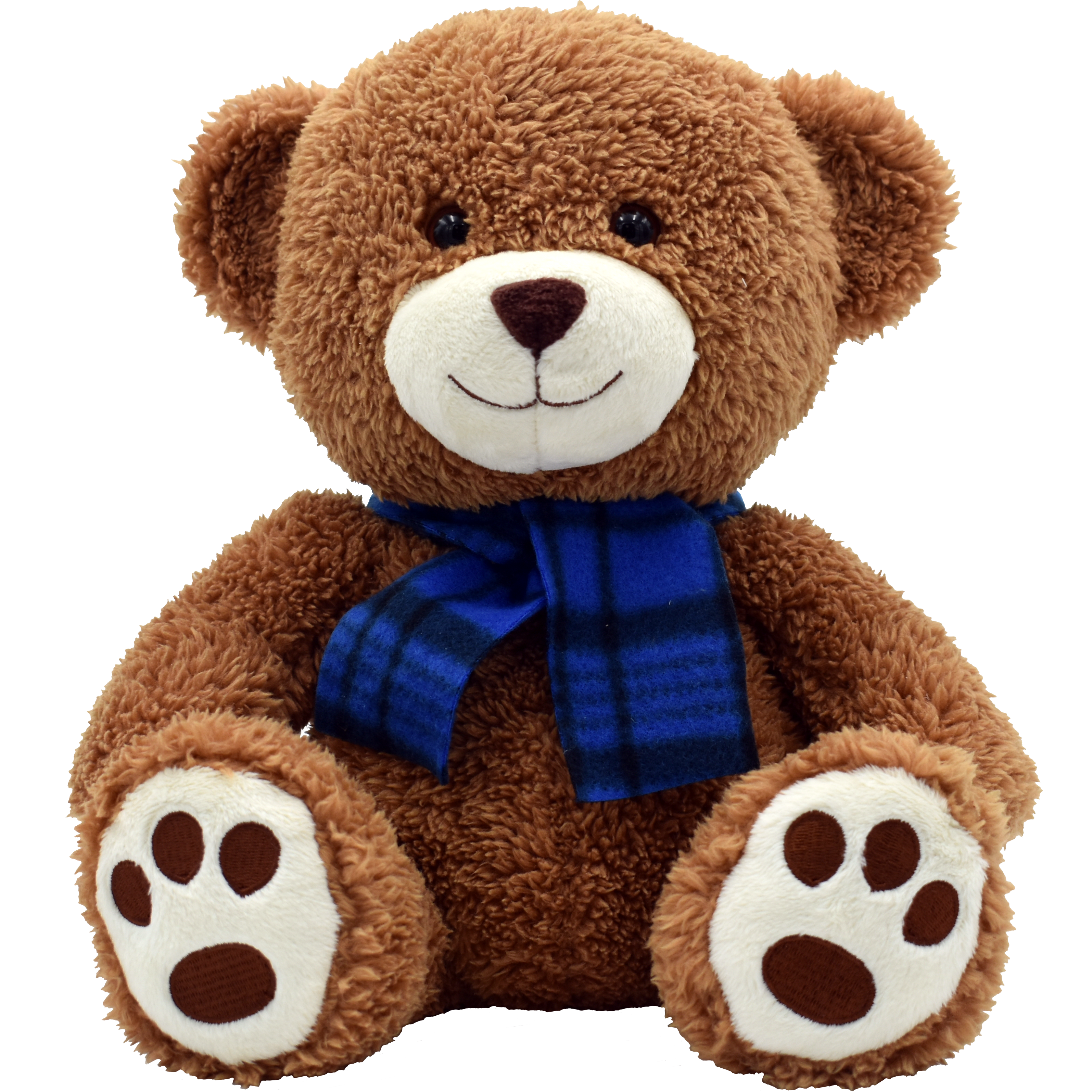 A plush teddy bear with a blue and black plaid scarf around its neck and pads on its feet.