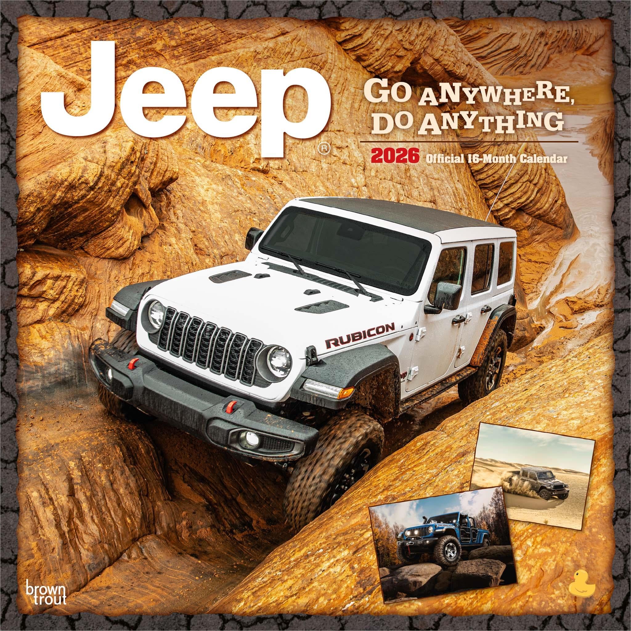 A wall calendar for 2026 featuring a white Jeep Wrangler in a natural, outdoor setting with rock formations in the background. The title 'Jeep' is prominently displayed at the top in large, bold lettering.