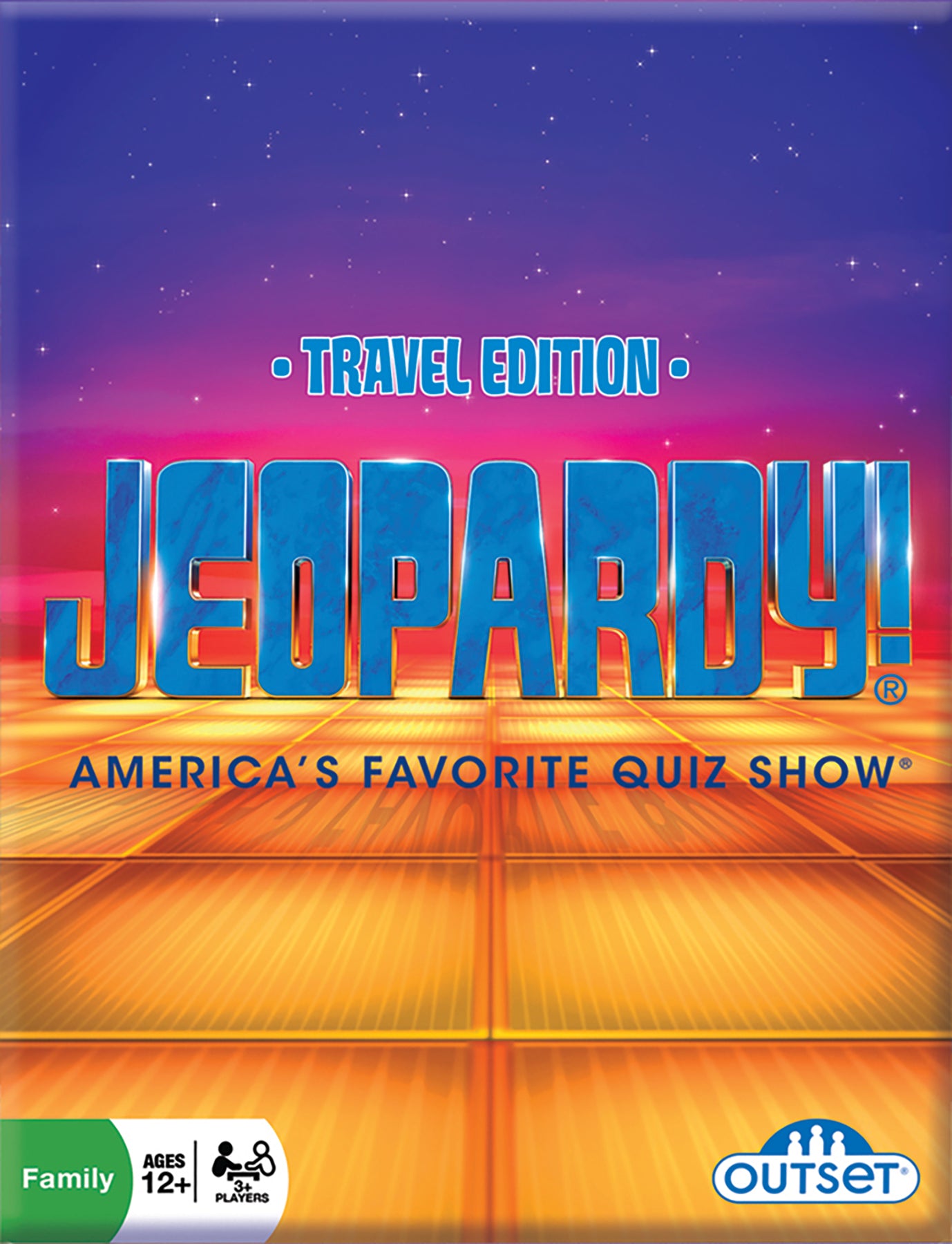 Cover art for Jeopardy Travel Edition board game featuring the game's title in blue text on a purple background, indicating it's a travel version.
