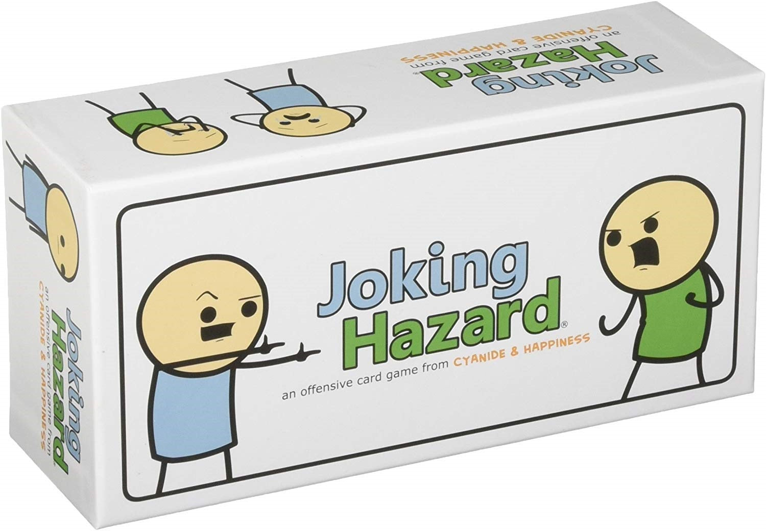 This image displays the packaging for the party game "Joking Hazard." The box features a playful and humorous design, showcasing two cartoon figures illustrating the quirky and collaborative nature of the game.