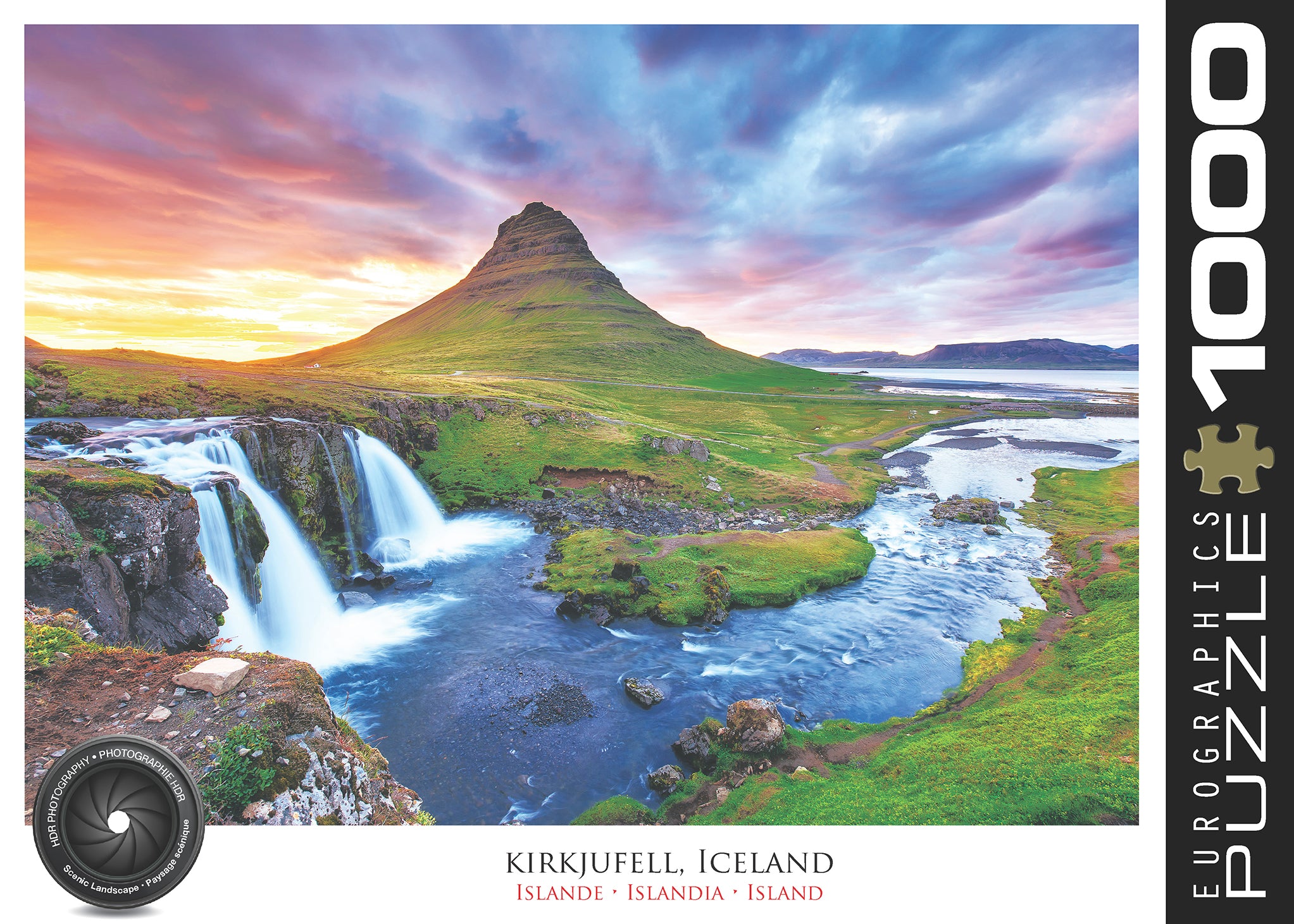 A 1000-piece puzzle depicting Kirkjufell Mountain in Iceland with a vibrant sky and a river flowing in the foreground.