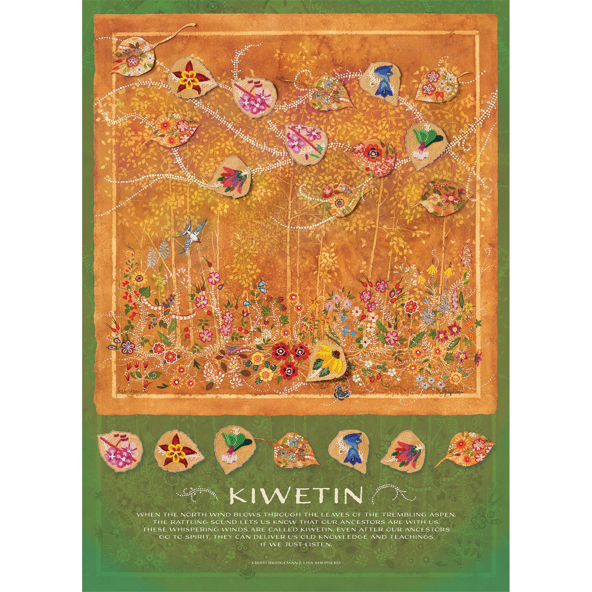 A 1000 piece Cobble Hill jigsaw puzzle box featuring an illustrated design with floral and avian elements on a gold background, and the brand name 'Kiwetin' prominently displayed.