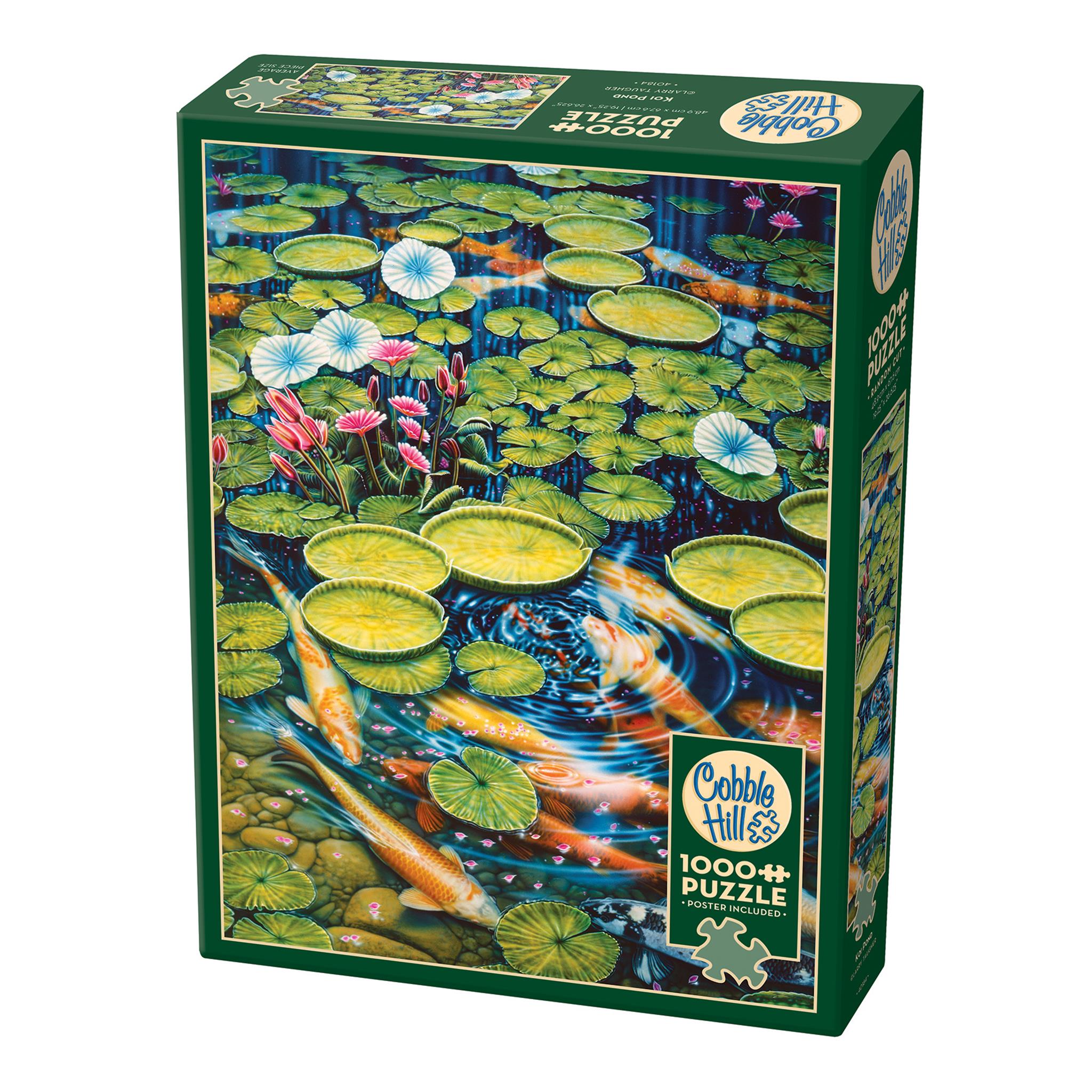 A 1000 piece Cobble Hill puzzle box featuring an illustrated koi pond with lotus pads and fish.