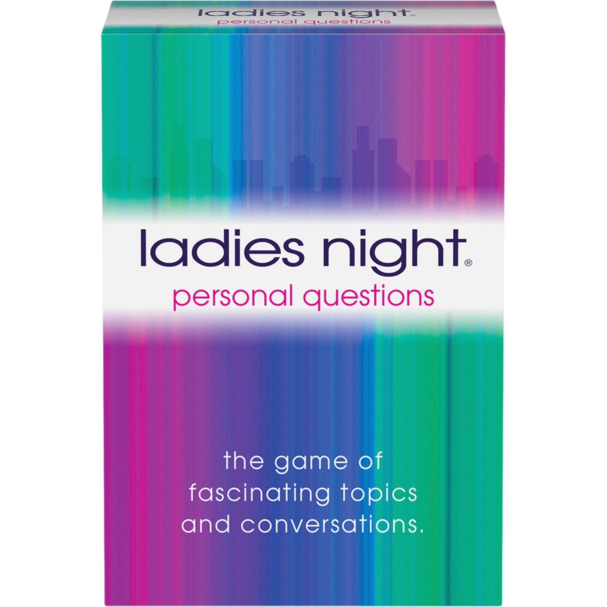 The product image shows the packaging of 'Ladies Night Personal Questions,' which is predominantly purple and pink with white text and bar Graphical Design elements.