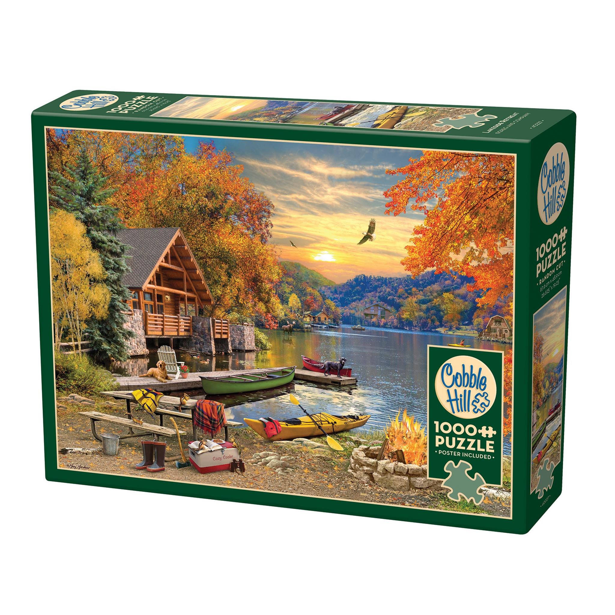 A 1000 piece Cobble Hill puzzle box featuring an illustrated scene with a cabin, boats, and a eagle in flight.