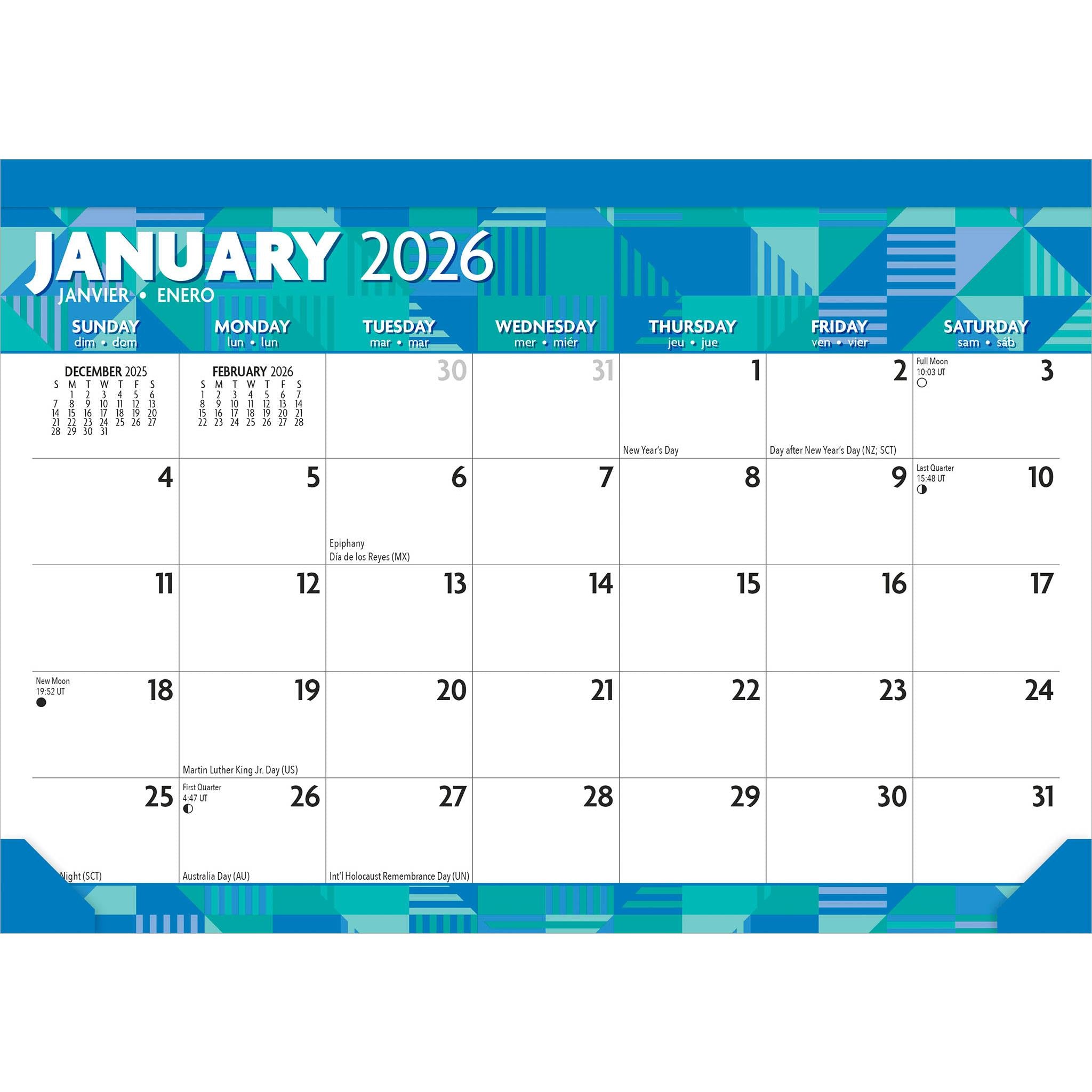 A desk pad calendar for January 2026 with large print numbers and a blue and green geometric pattern on the top edge.