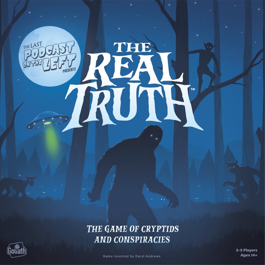 Board game cover for 'The Real Truth' featuring a silhouette of a man in a hat, with a forest and a full moon in the background, and a superimposed UFO. The text reads 'The Game of Cryptids and Conspiracies' along with the age range and player count information.