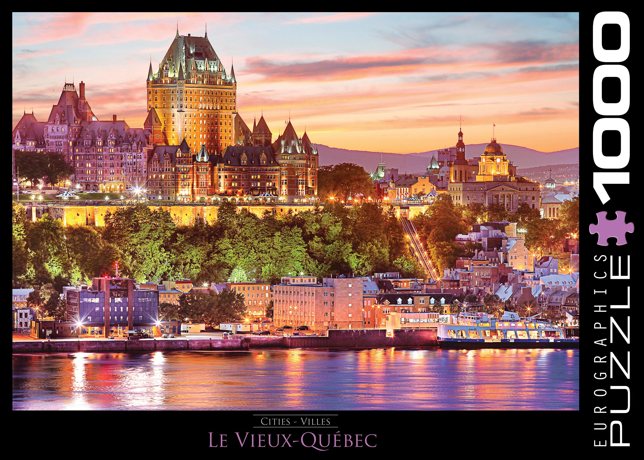 A 1000-piece jigsaw puzzle depicting Le Vieux Quebec, featuring the Chateau Frontenac and the St. Lawrence River at sunset.