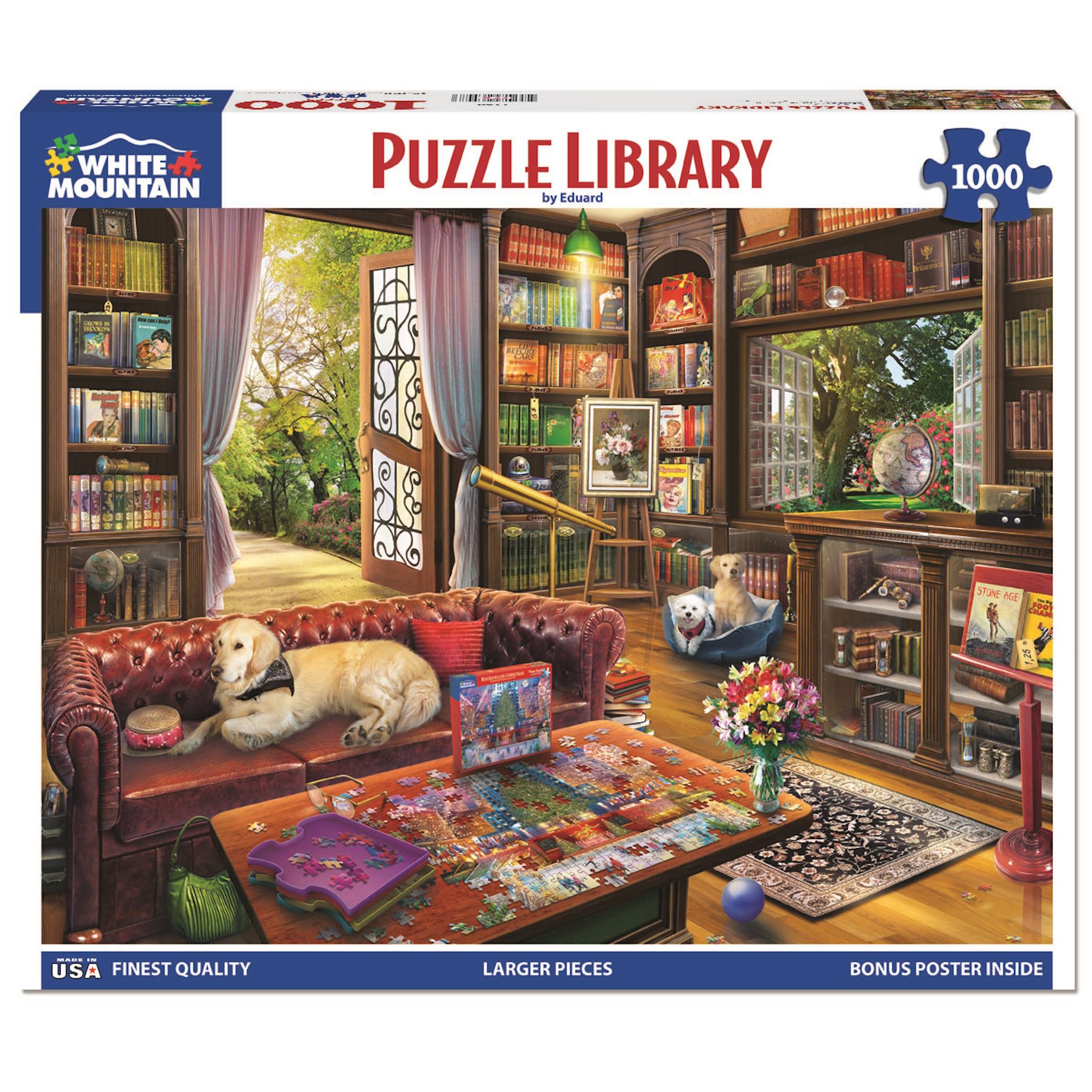 A 1000 piece puzzle depicting a library scene with a dog on a couch, books, and a puzzle board with pieces scattered around.