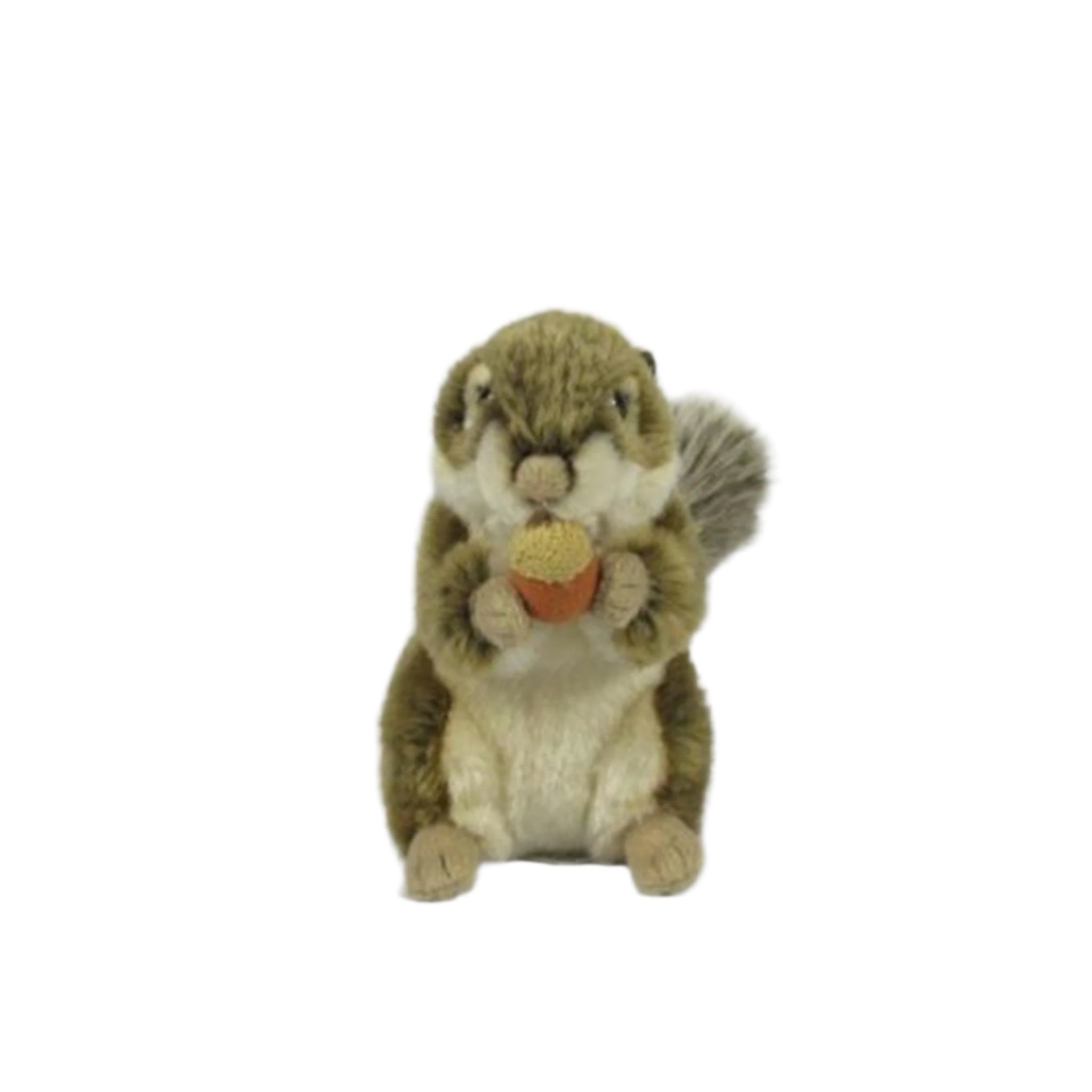 A plush toy resembling a standing brown squirrel holding a acorn.