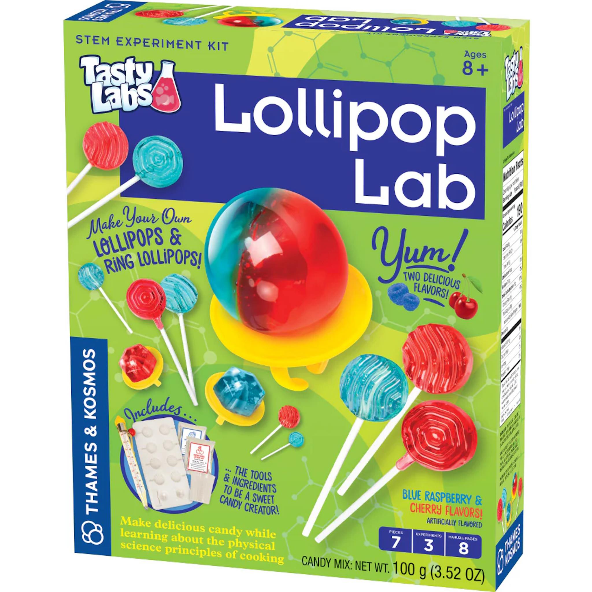 Packaging for 'Lollipop Lab' by Thames and Kosmos, showing illustrations of lollipops and candy making equipment, along with the text describing the kit's purpose and age recommendation.