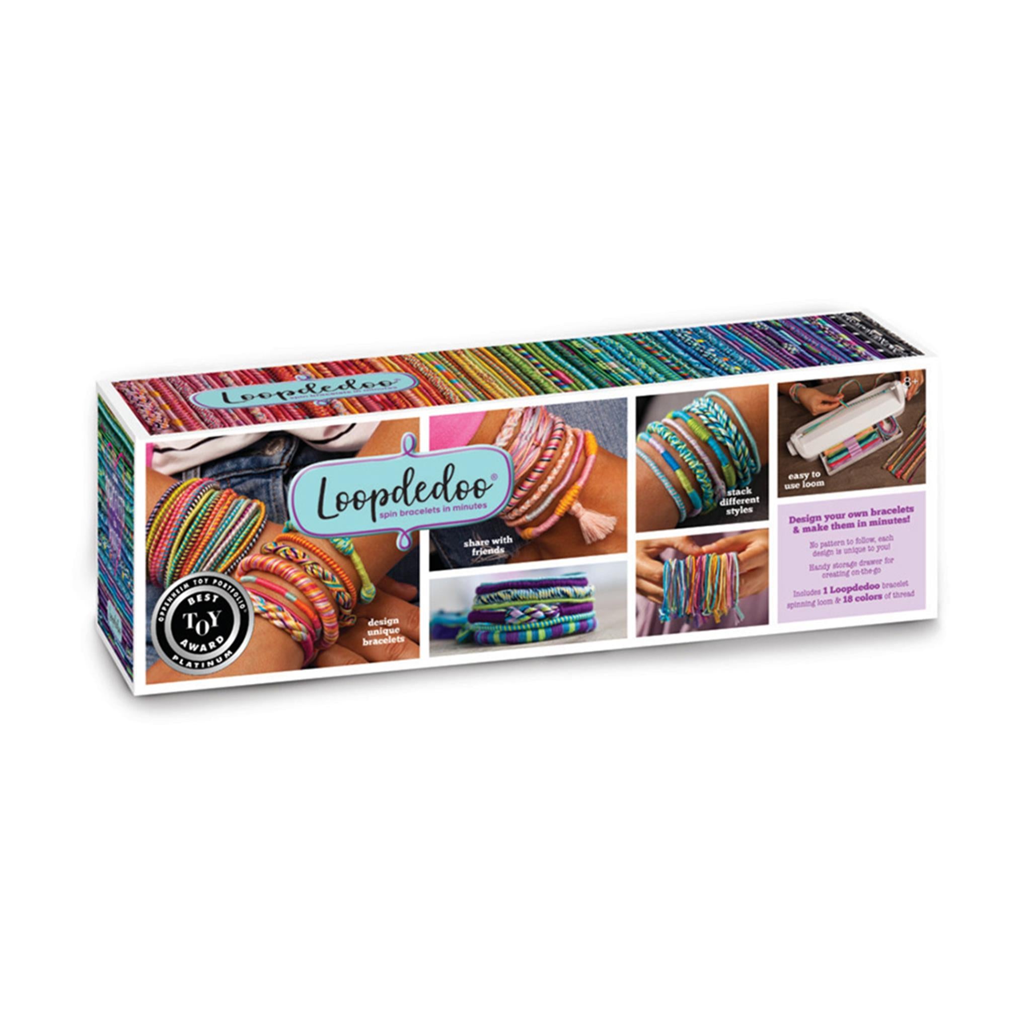 Packaging for the Loopdedoo Spinning Loom Kit featuring images of the loom and examples of crafts made with it.
