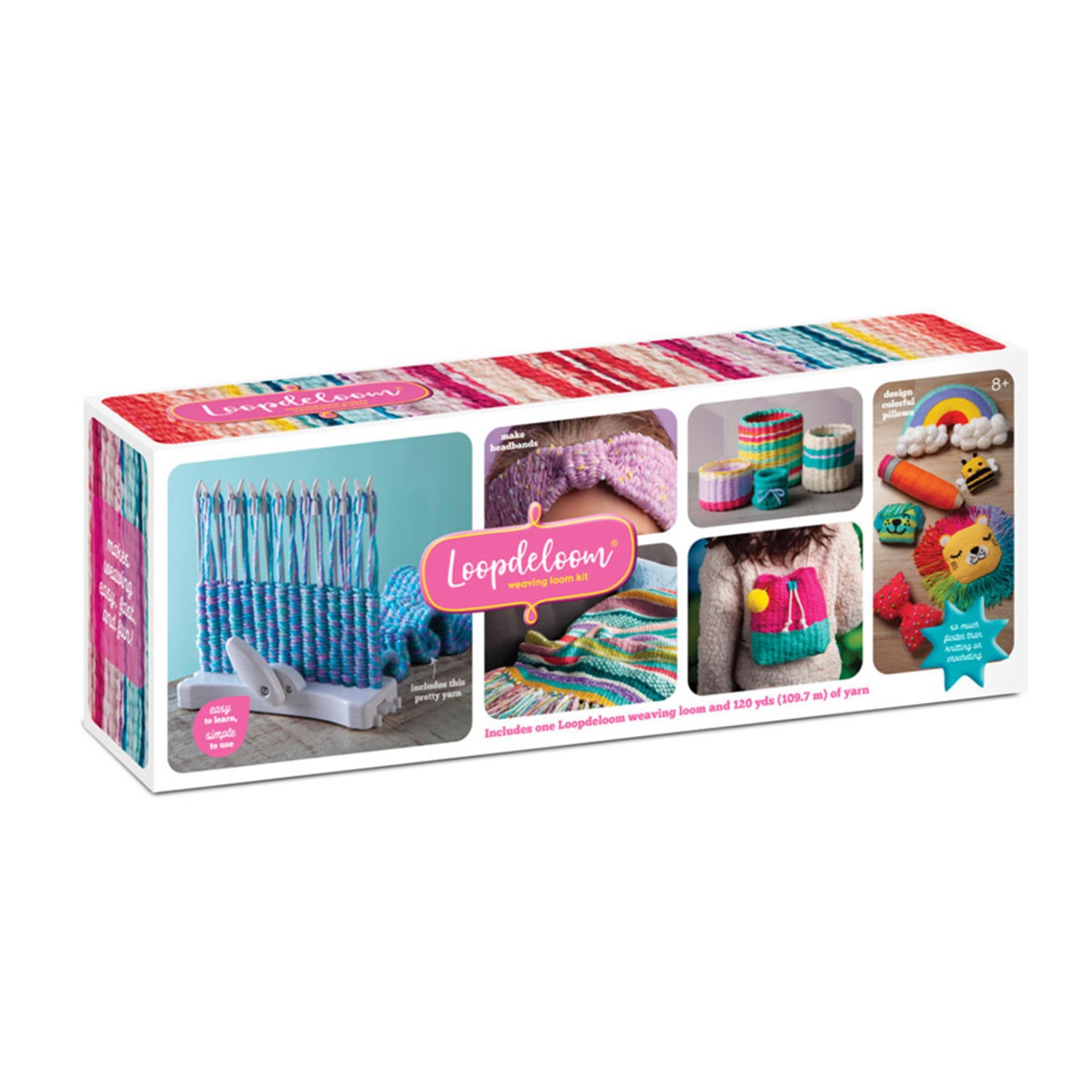 Packaging for Loopdeloom Weaving Loom Kit featuring the loom and various yarn projects that can be made with the kit.