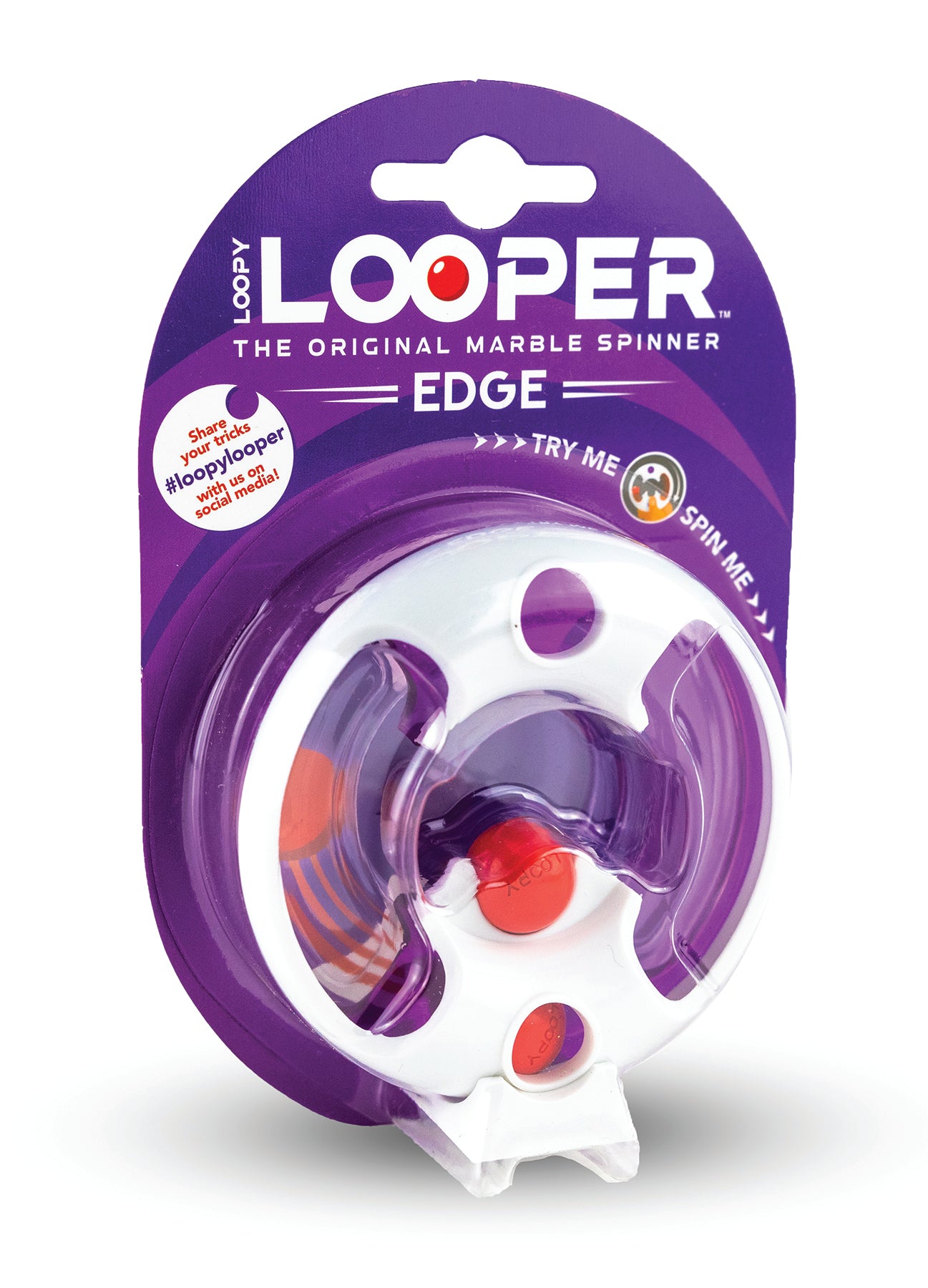 Packaged Loopy Looper Edge Fidget Toy, predominantly purple in color, with the toy visible through a clear plastic window on the box.
