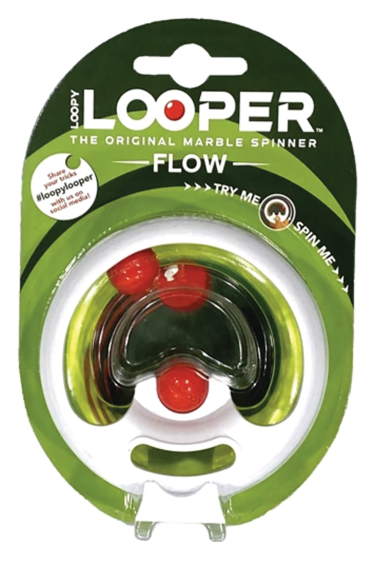 Packaged Loopy Looper Flow Fidget Toy, featuring a green and black color scheme with red accents.