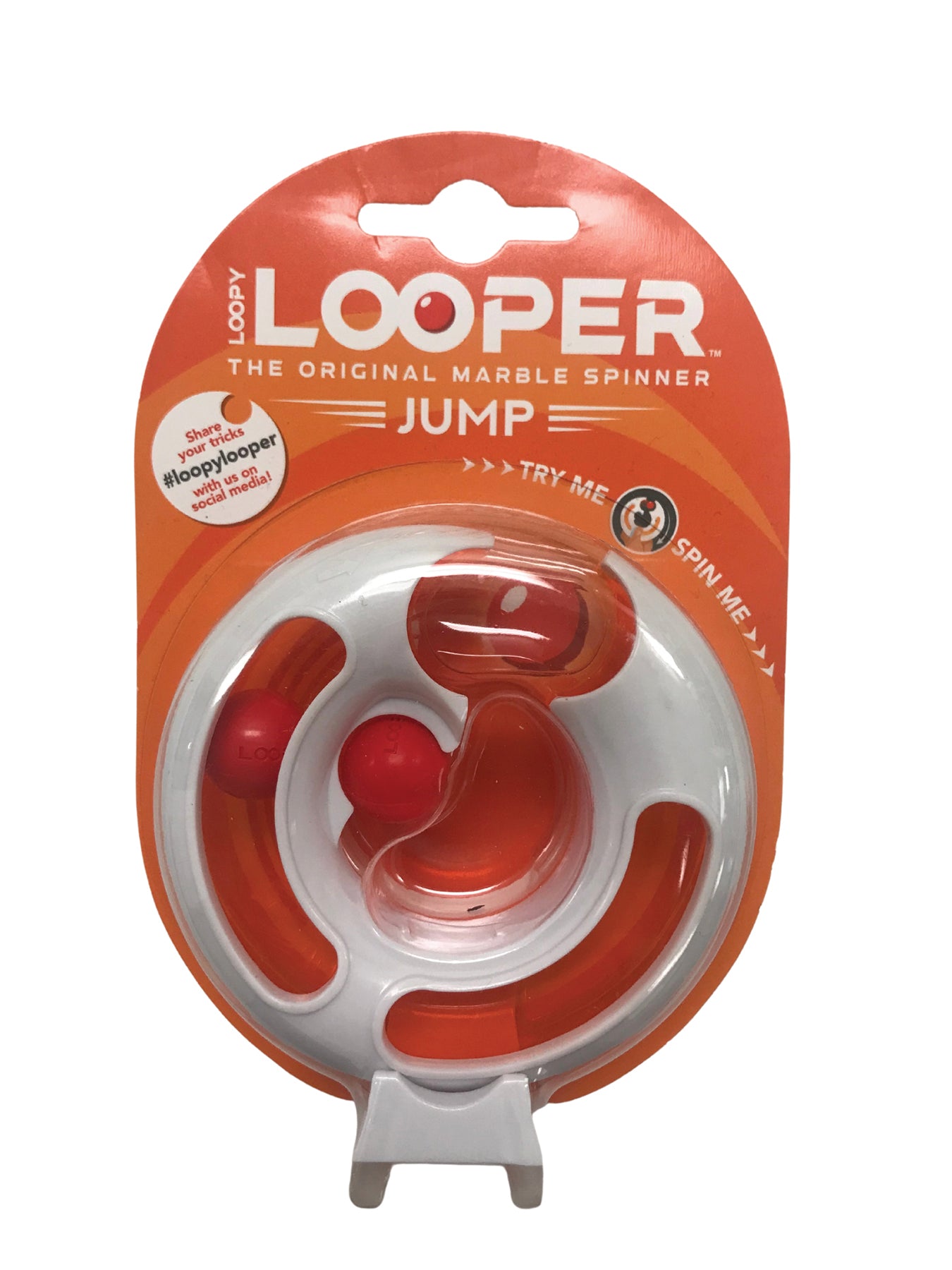 Packaged Loopy Looper Jump Fidget Toy, predominantly red and clear in color, displayed on a stand within an orange blister pack.