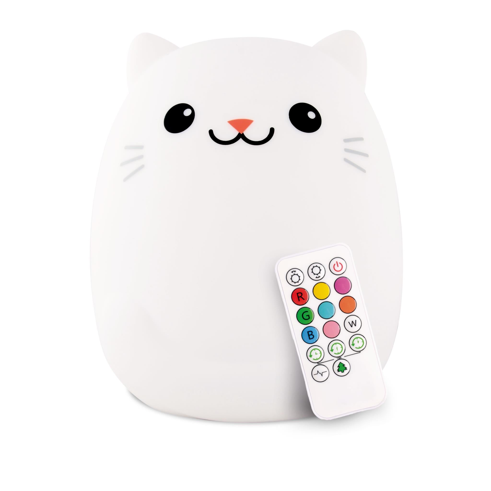 A white cat-shaped nightlight with a remote control featuring multicolored buttons.