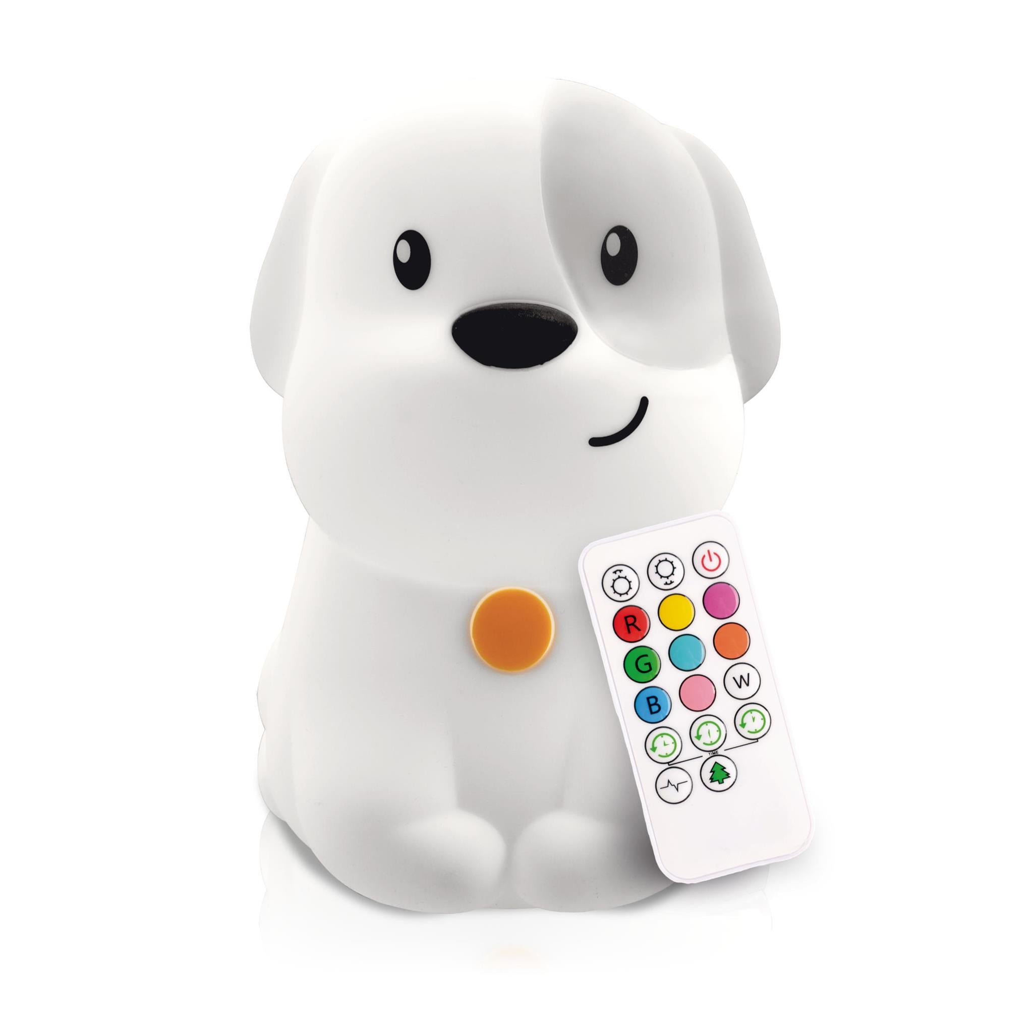 A white dog-shaped nightlight with a multicolored remote control.