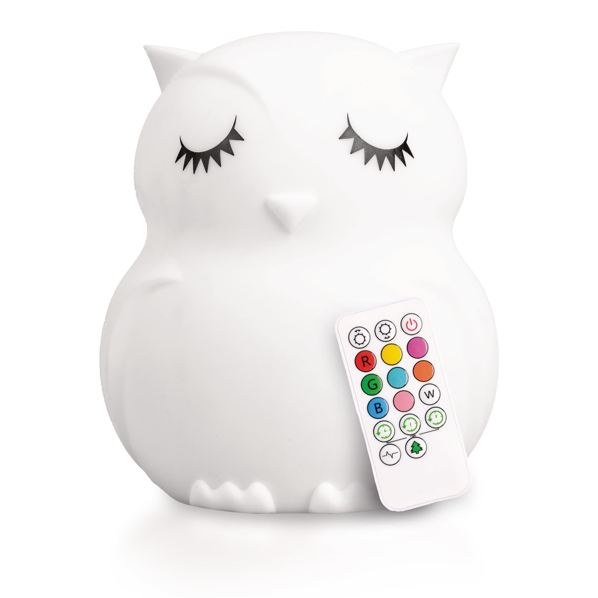 A white owl-shaped nightlight with a remote control featuring multicolored buttons.
