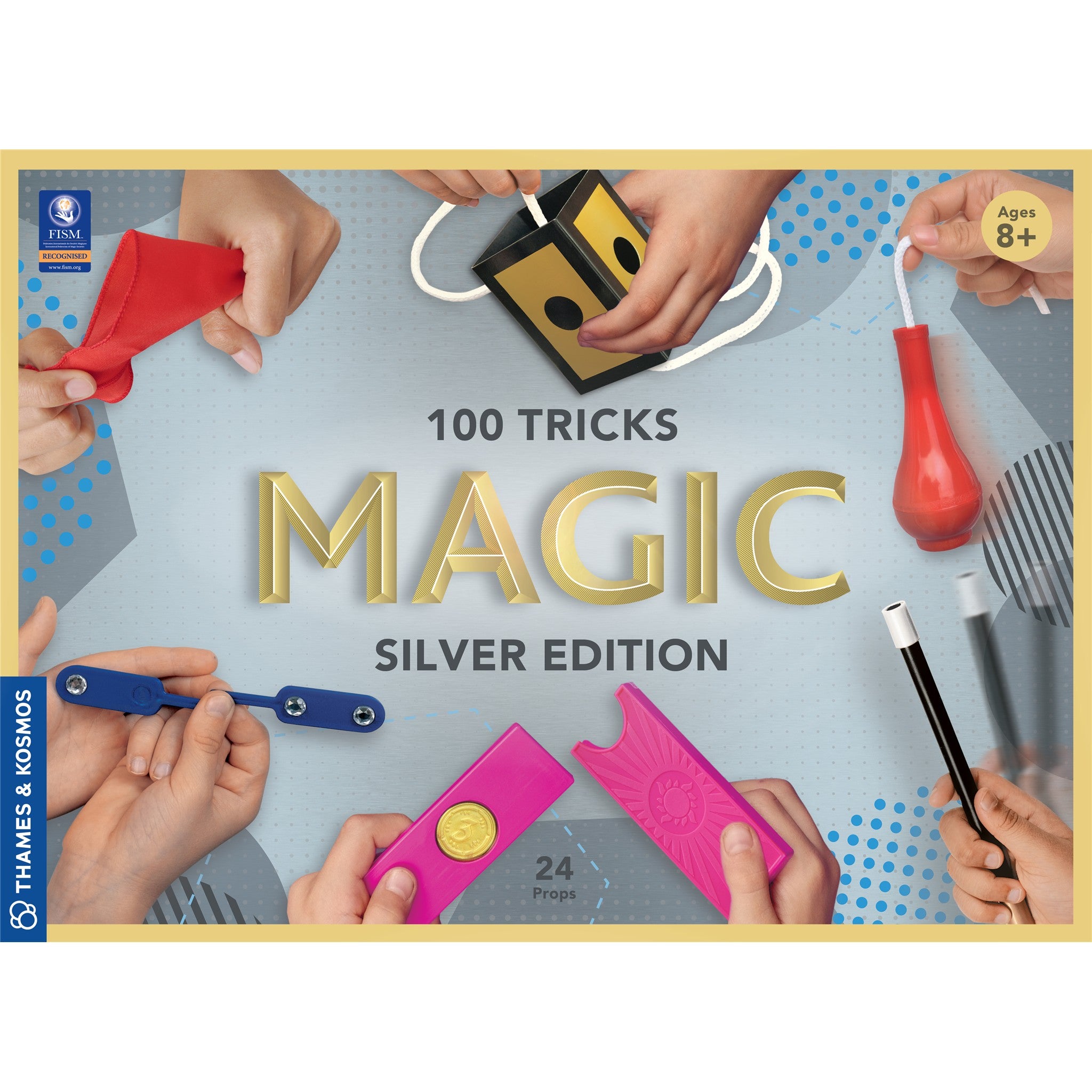 Boxed magic set labeled 'MAGIC Silver Edition' featuring images of hands performing various magic tricks with cards, coins, and a wand.