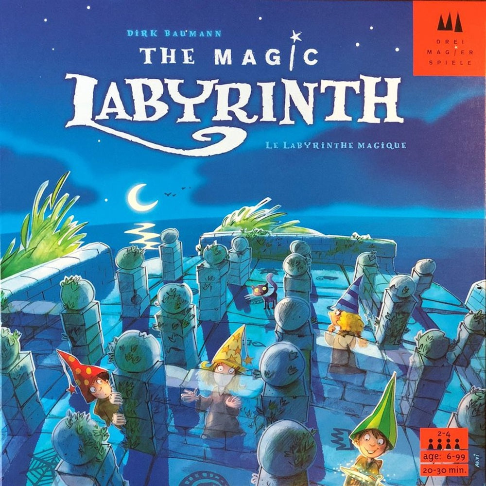 Cover art for the board game 'The Magic Labyrinth' featuring a whimsical illustration of small figurines representing magicians in a maze with a blue sky and moon in the background.
