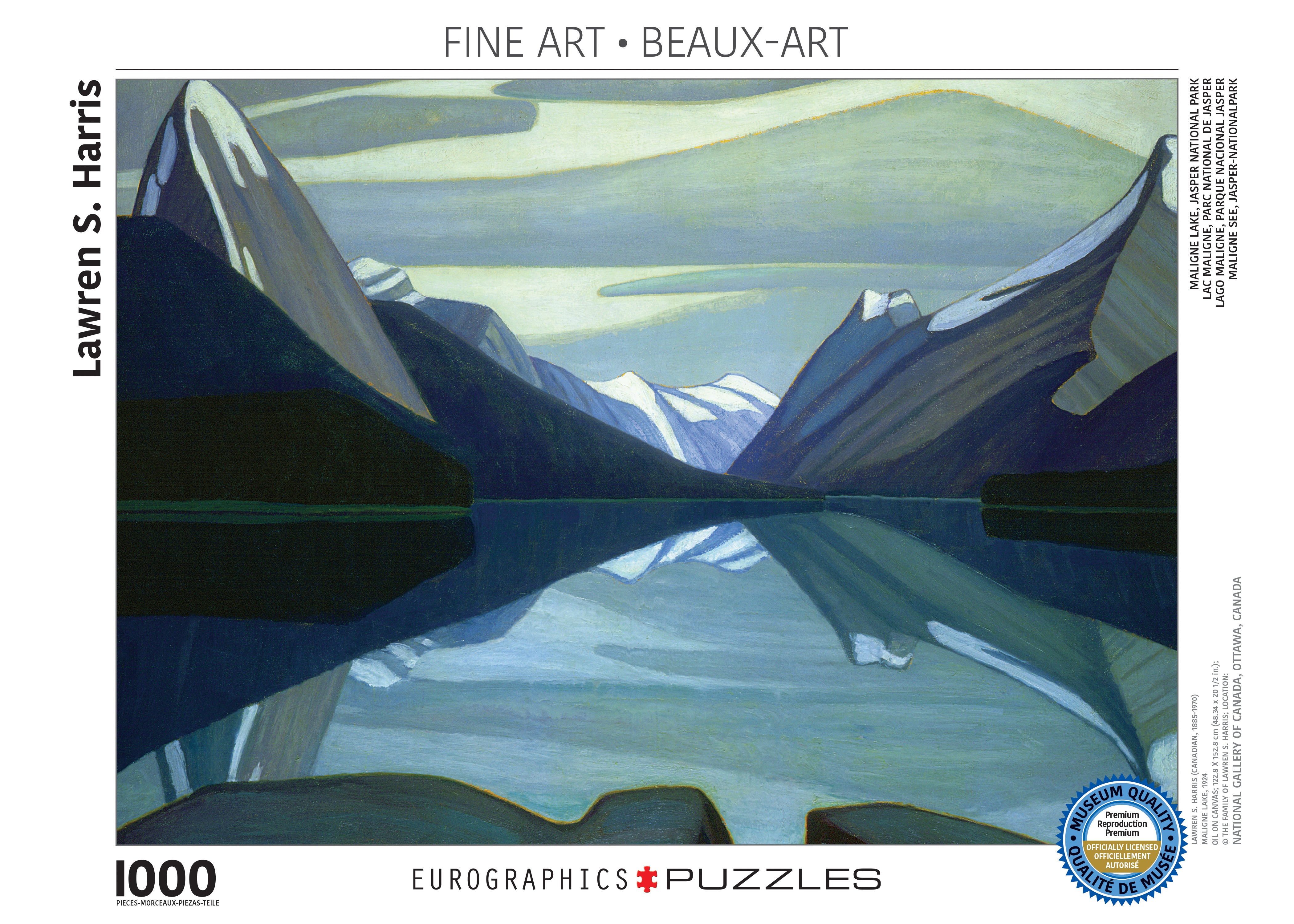 A 1000-piece jigsaw puzzle depicting a landscape with mountains and a still lake, using a color palette that gives a serene, blue-toned effect.