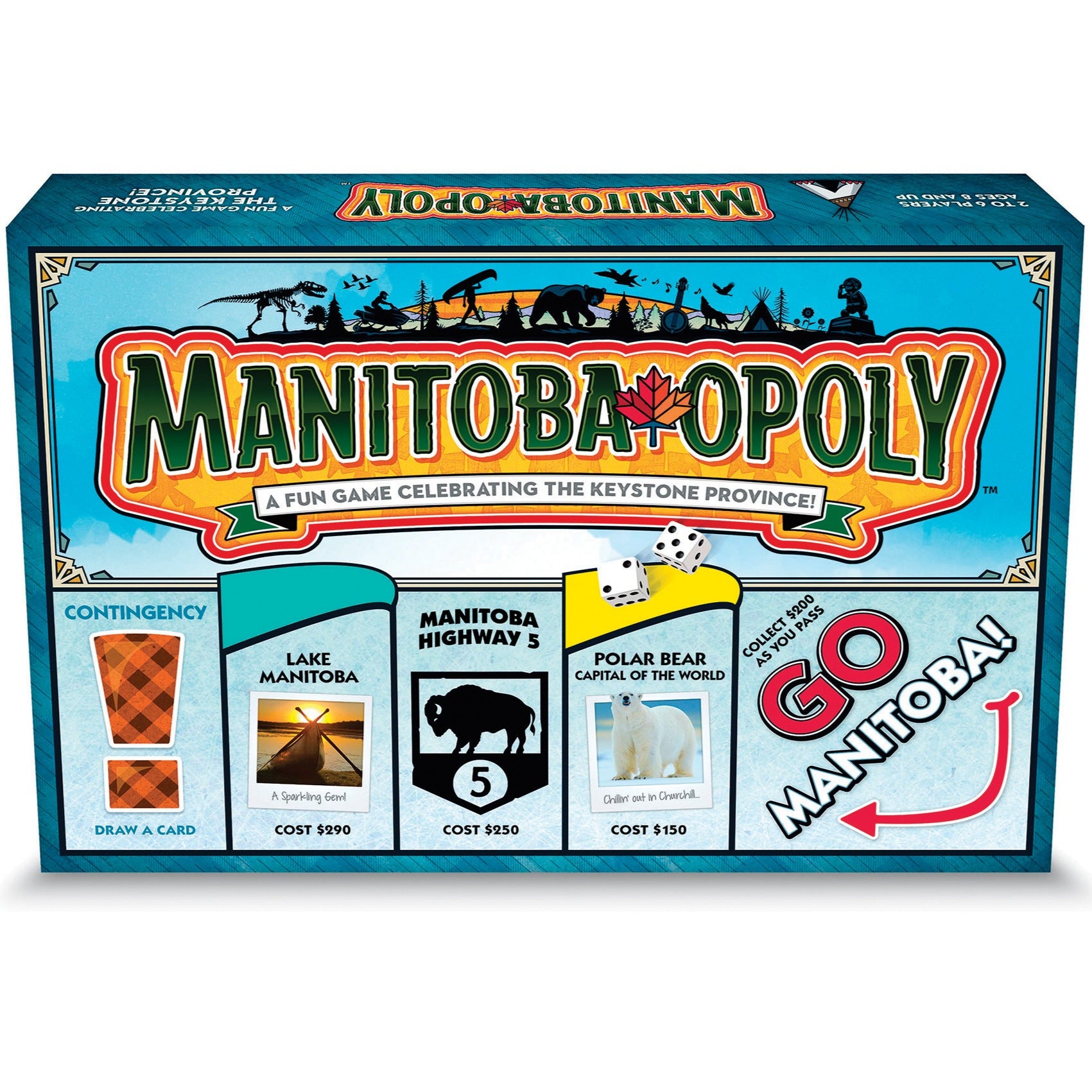 A board game box for 'Manitoba Opoly', featuring images of Canadian prairies and the game's pieces, with blue, green, yellow, and red color scheme.