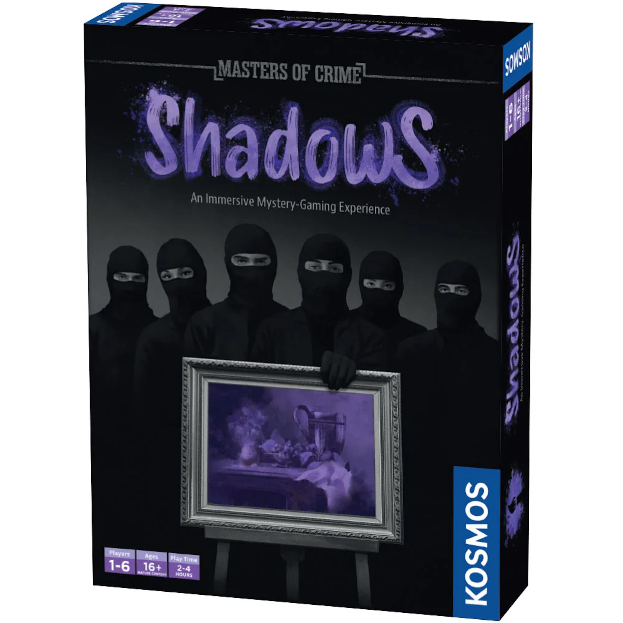 Board game box cover for 'Masters of Crime Shadows' featuring a group of hooded figures and a framed picture, with the game's title and logos from Kosmos and Thames.