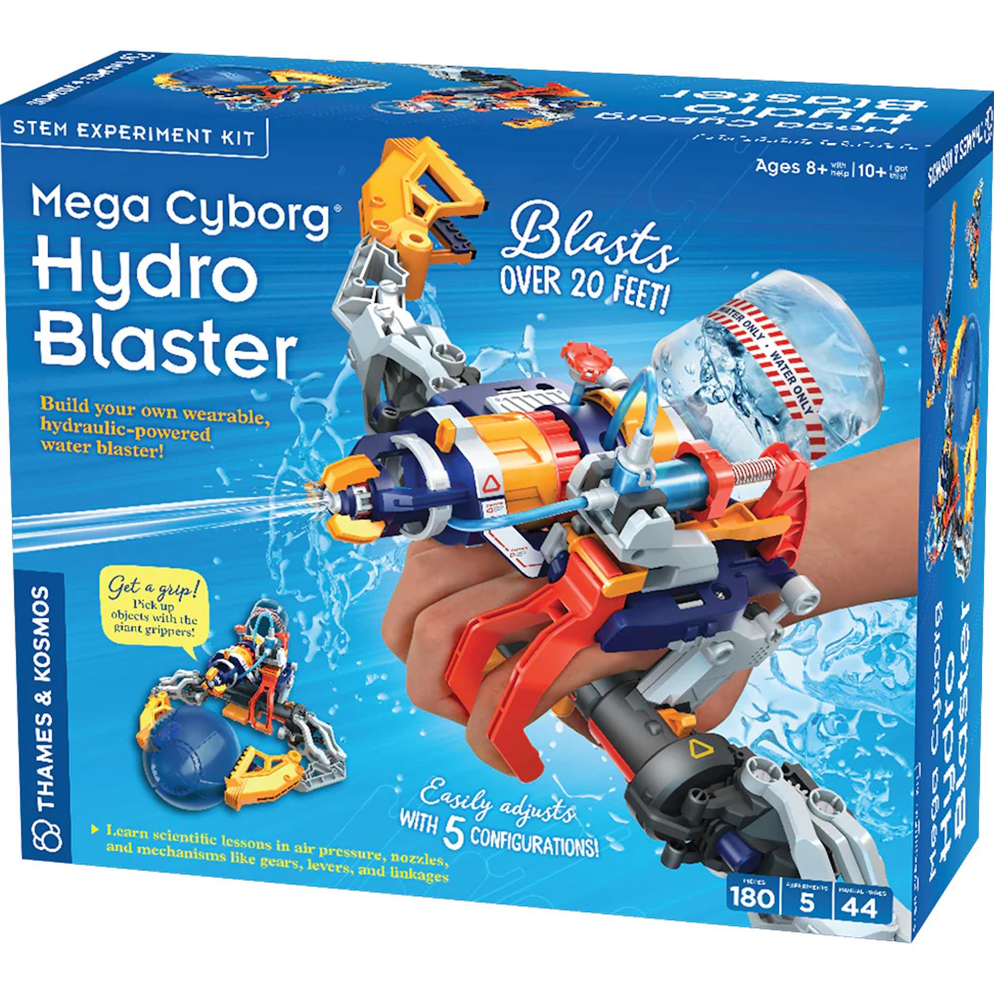 Boxed Mega Cyborg Hydro Blaster toy featuring a colorful water blaster with hydraulic functions, designed for assembly and play.