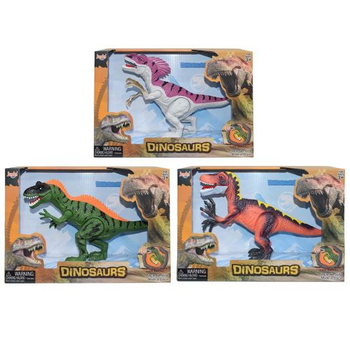 A set of three dinosaur figures in packaging, featuring a green T-Rex, a pink Allosaurus, and an orange dinosaur, each labeled as 'Dinosaurs'.