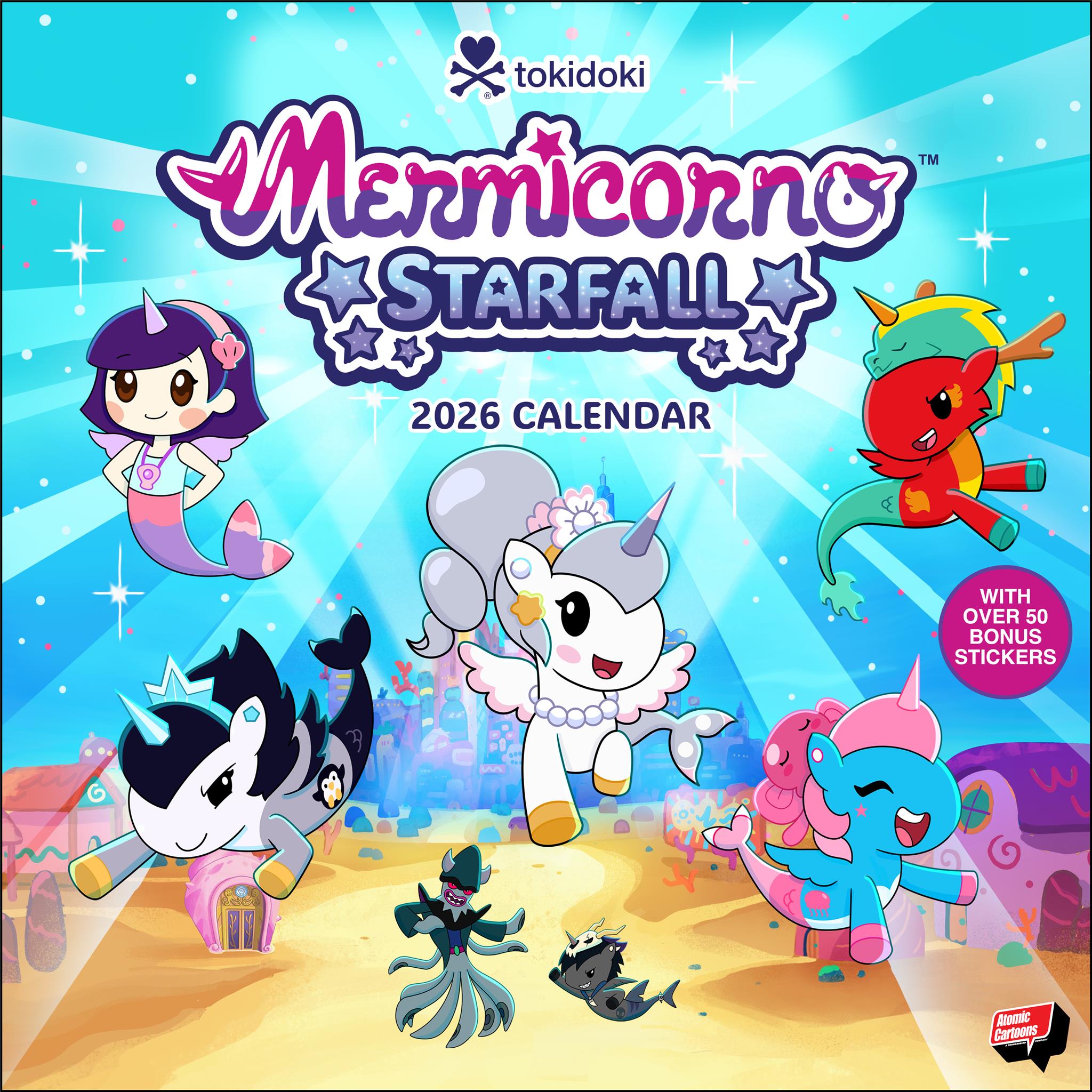 Cover of the 2026 Mermicorno Starfall wall calendar featuring colorful cartoon mermaid-unicorn characters from the animated TV series.