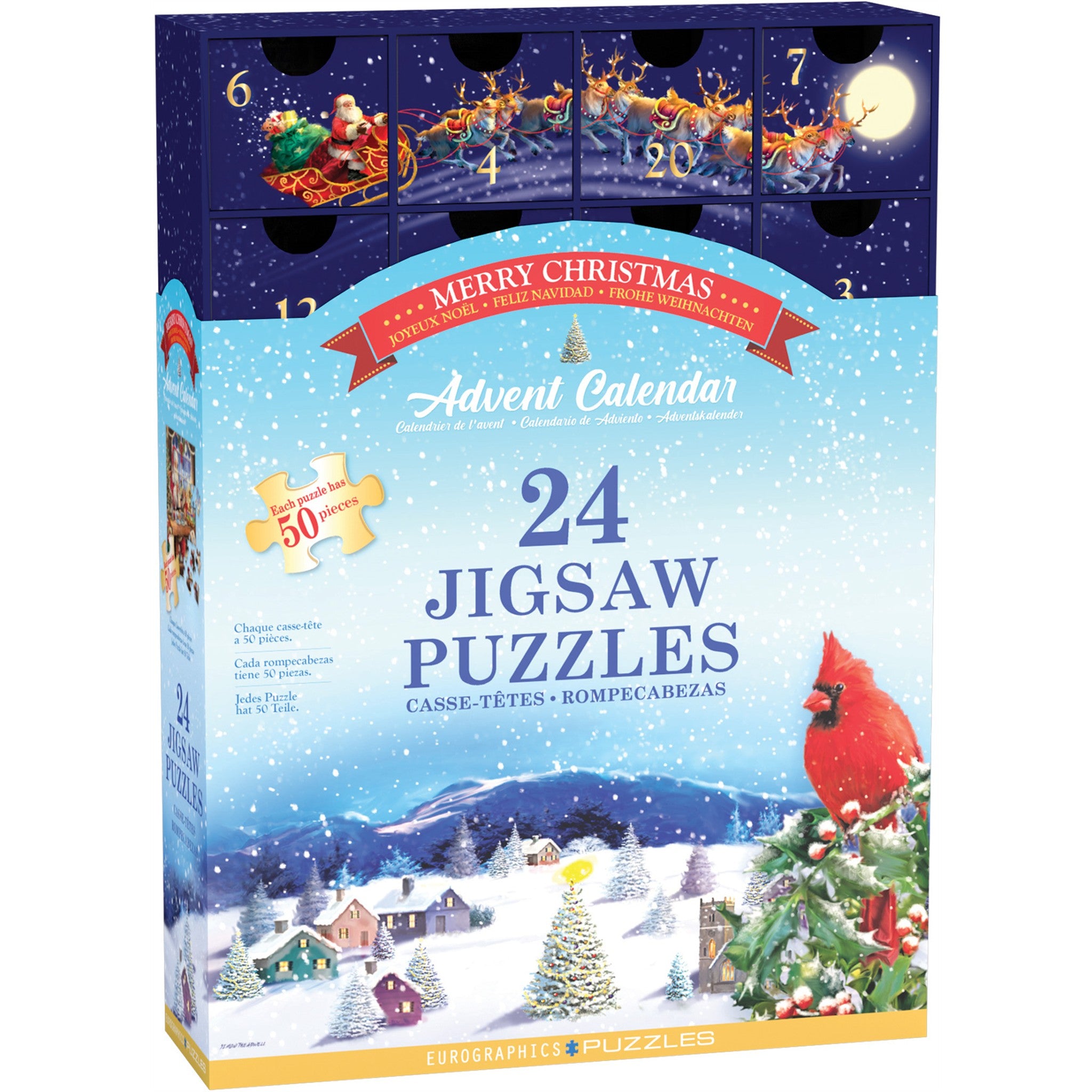 An advent calendar box featuring a festive design with a Santa Claus figure, cardinal and winter scene titled 'Merry Christmas', containing 24 50 piece jigsaw puzzles.