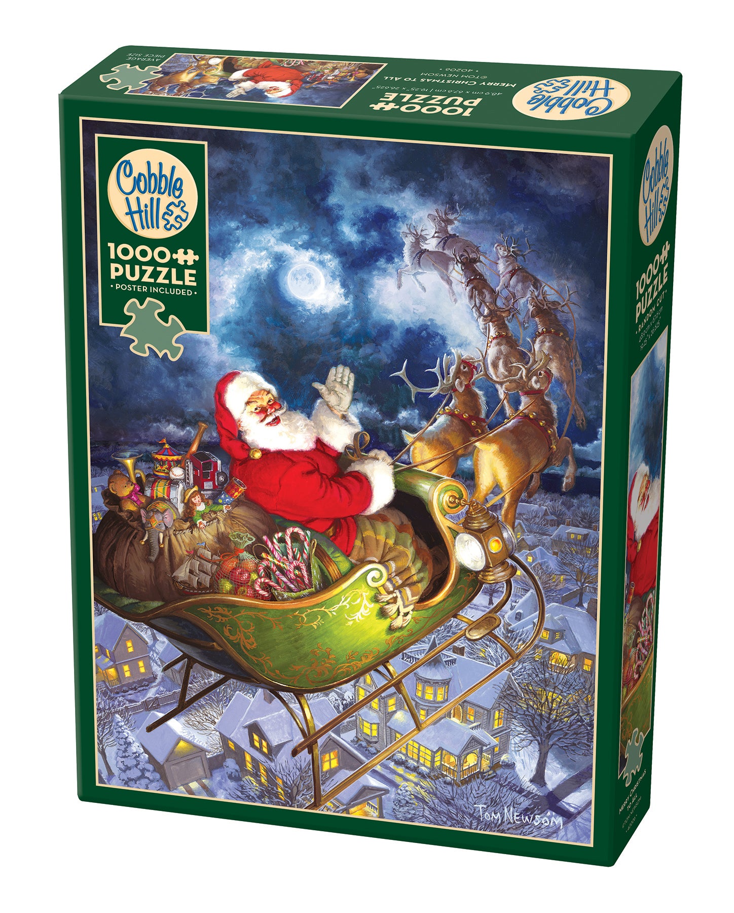 A 1000 piece Cobble Hill puzzle box featuring an illustrated scene with Santa Claus in a sleigh, reindeer, and a Christmas setting.