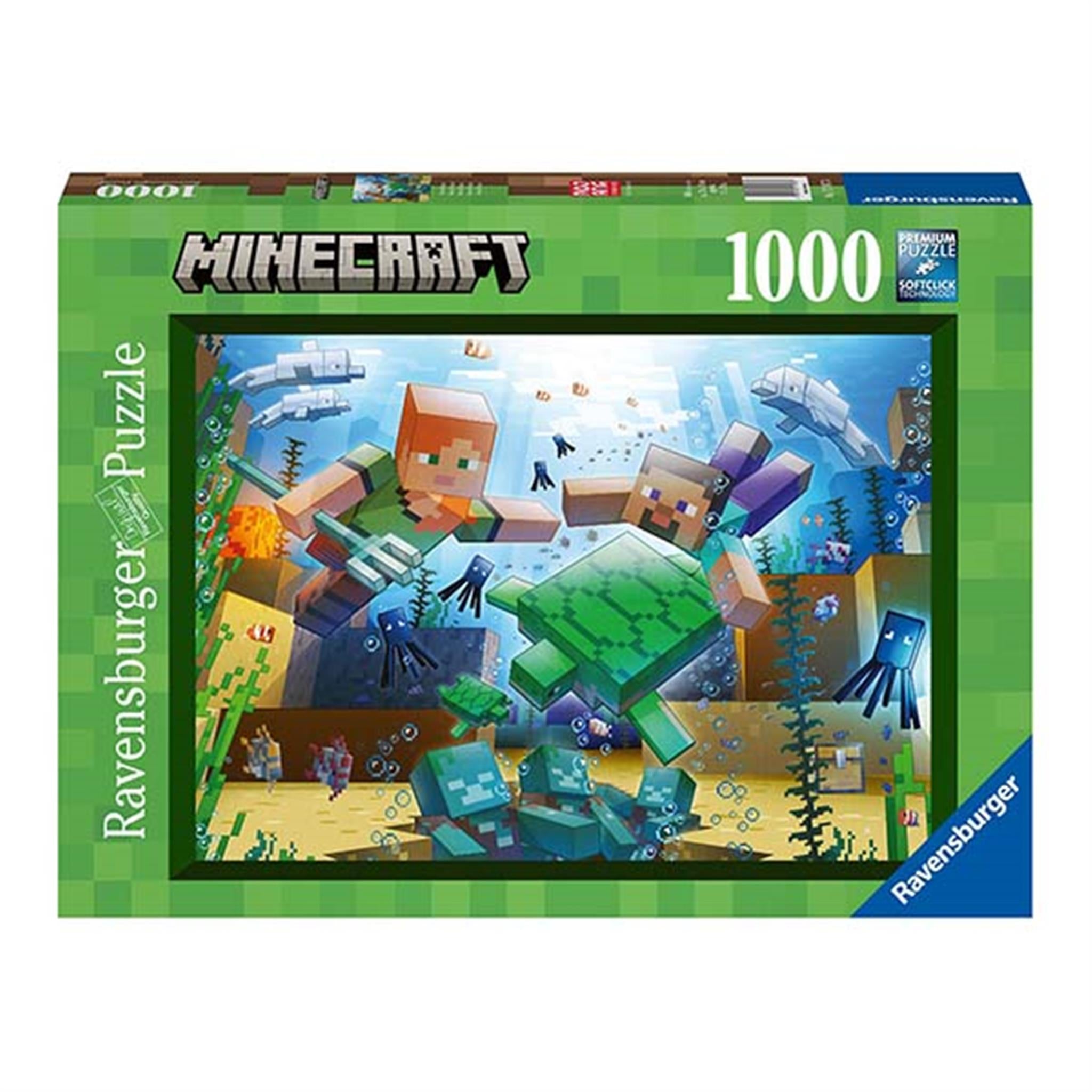 A 1000-piece Ravensburger jigsaw puzzle box featuring a colorful and detailed Minecraft scene with characters and underwater environment.