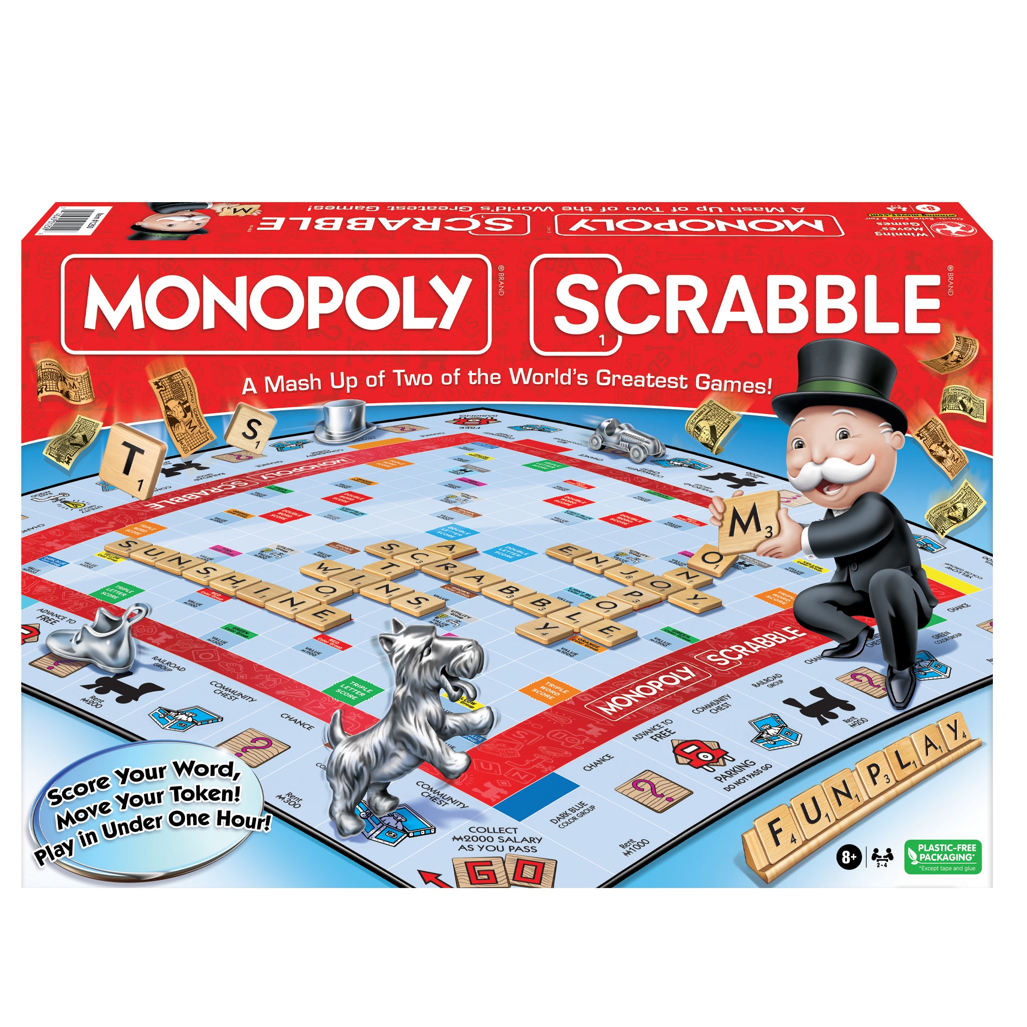 Board game box cover for Monopoly Scrabble showing the game board with Monopoly properties and Scrabble letter tiles, along with gamegos and a dice.