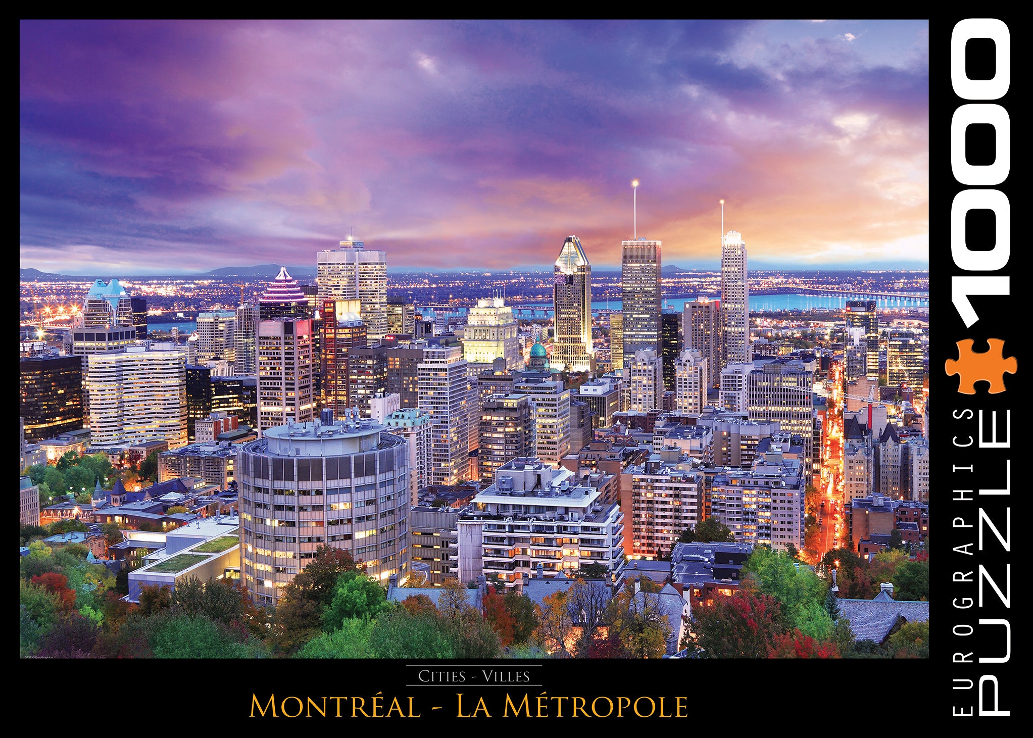 A 1000-piece jigsaw puzzle depicting the skyline of Montreal, featuring prominent landmarks such as skyscrapers and a bridge.