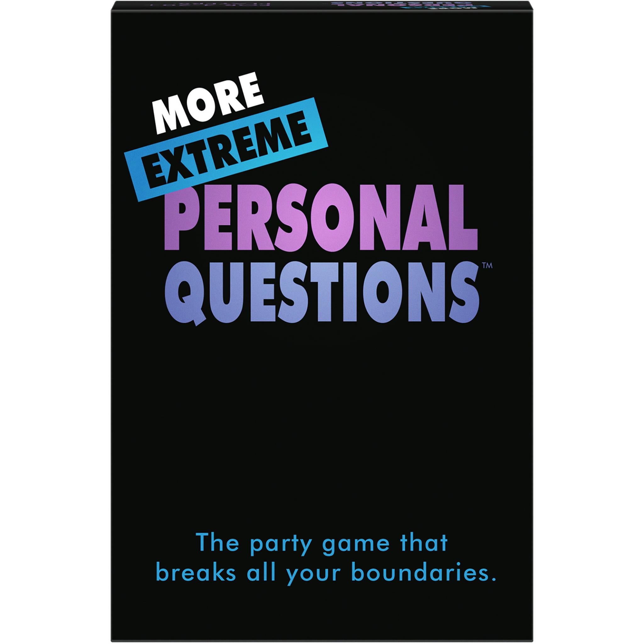 The product image shows the packaging of 'More Extreme Personal Questions,' which is a black box with white and purple text. The text highlights the game's name and its description as 'The party game that breaks all your boundaries.