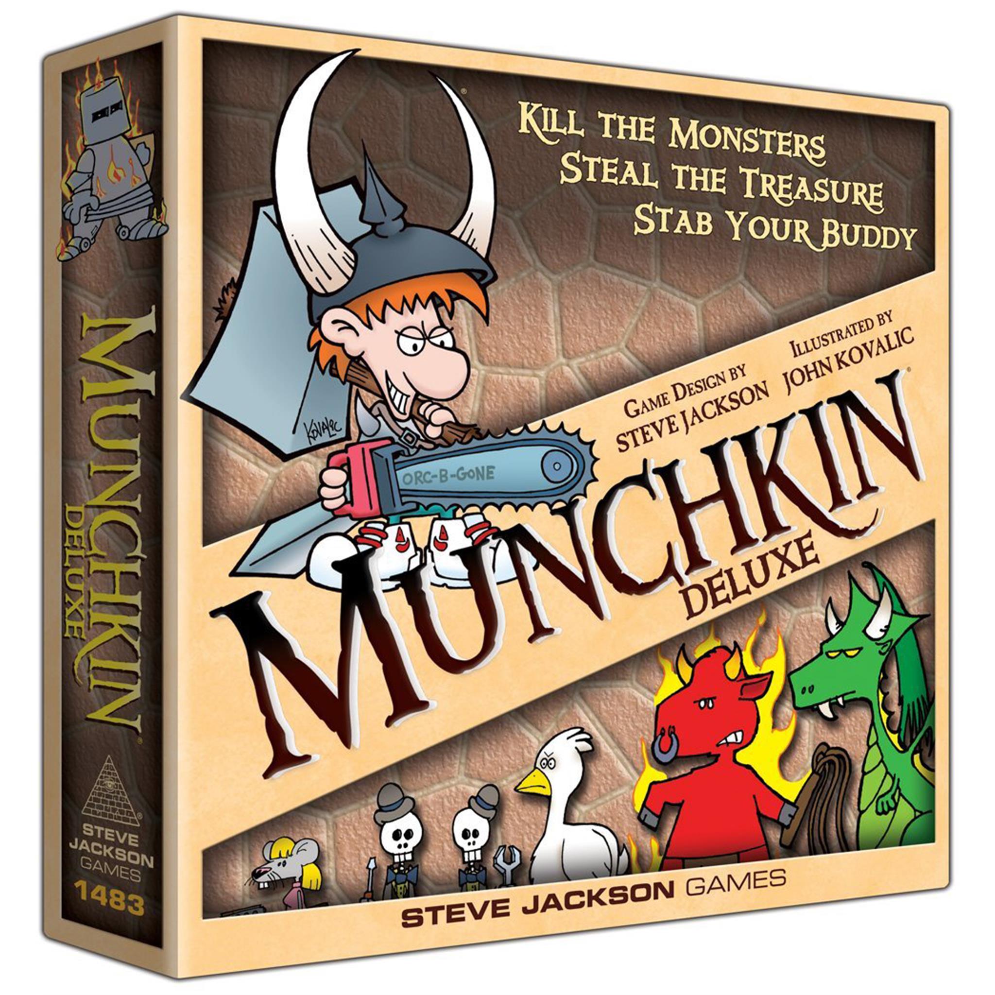 Board game box cover for Munchkin Deluxe featuring cartoon-style characters and fantasy-themed cards.