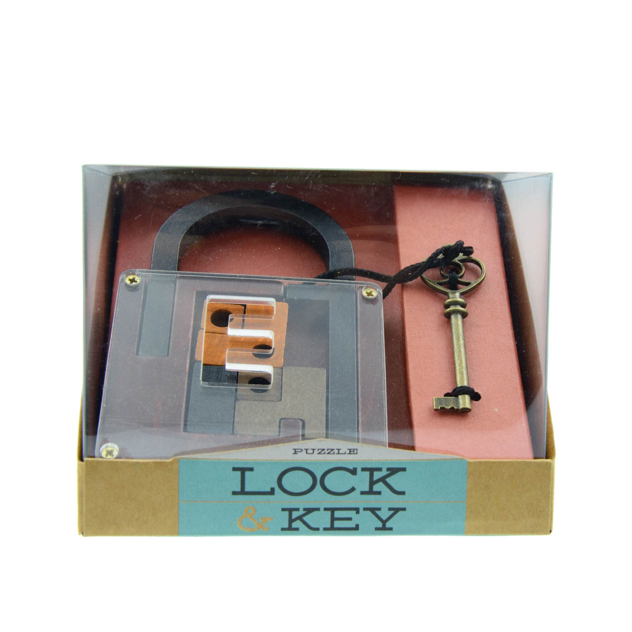 A lock and key puzzle game product packaging, with the lock and key visible through the clear window.