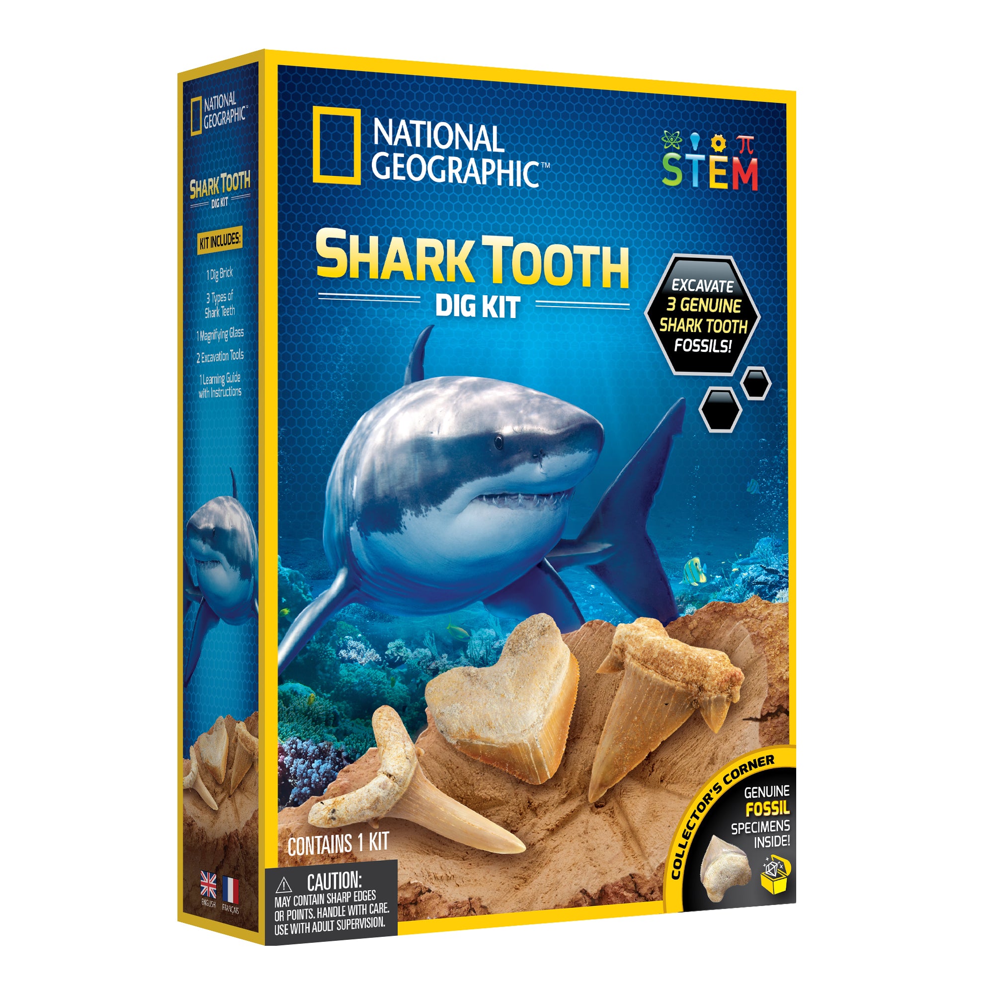 Packaging for the National Geographic Shark Tooth Dig Kit featuring an image of a shark, fossilized shark teeth, and a digging scene.